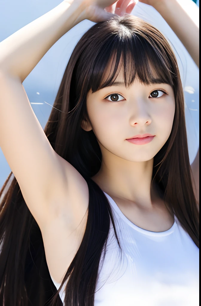 A girl,14 year old,bangs bangs,Upper body,(White background),Armpit,(Black straight long hair),(raise both hands),(Greek goddess)