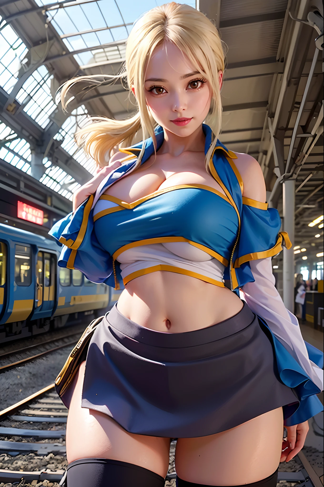 (Masterpiece, best quality, 32k HDR, high resolution), ((photorealistic, lucy2sokakaiju,1girl, detached sleeves, navel, short skirt, mini skirt, thigh high, bare shoulders, crop top, smile)), ((exposed shaved armpits:1.2, huge sagging breast:1.15)), ((train station)),