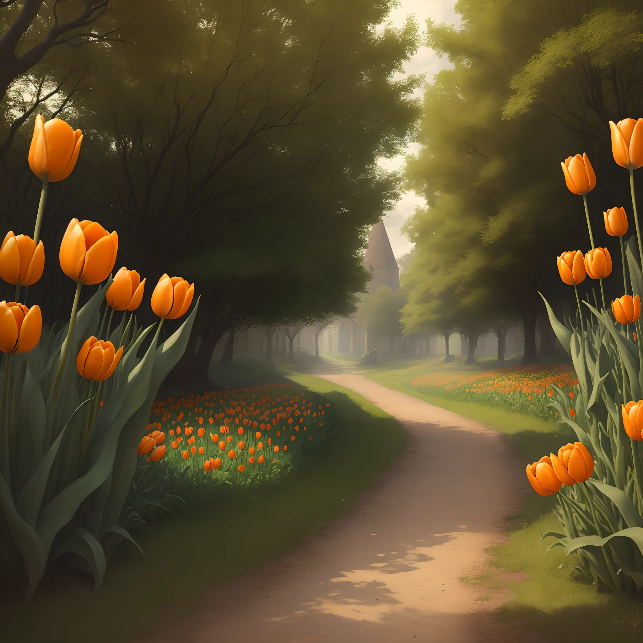 A medival path with a singular orange tulip and a rusted sword