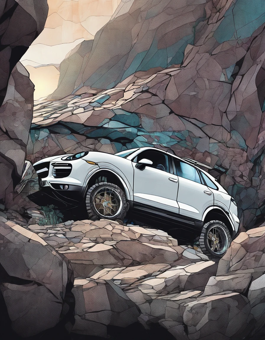 2022 (white)(Porsche Cayenne)Horror-themed highly detailed illustration of a gigantic porsche cayenne gigantic wheels, outside in rocky terrain, very rocky, flashlight beams in the background, very dark, spooky, horror, eerie, unsettling, dark, spooky, suspenseful, grim, realism, fog, (but with) detailed retro-futuristic architecture