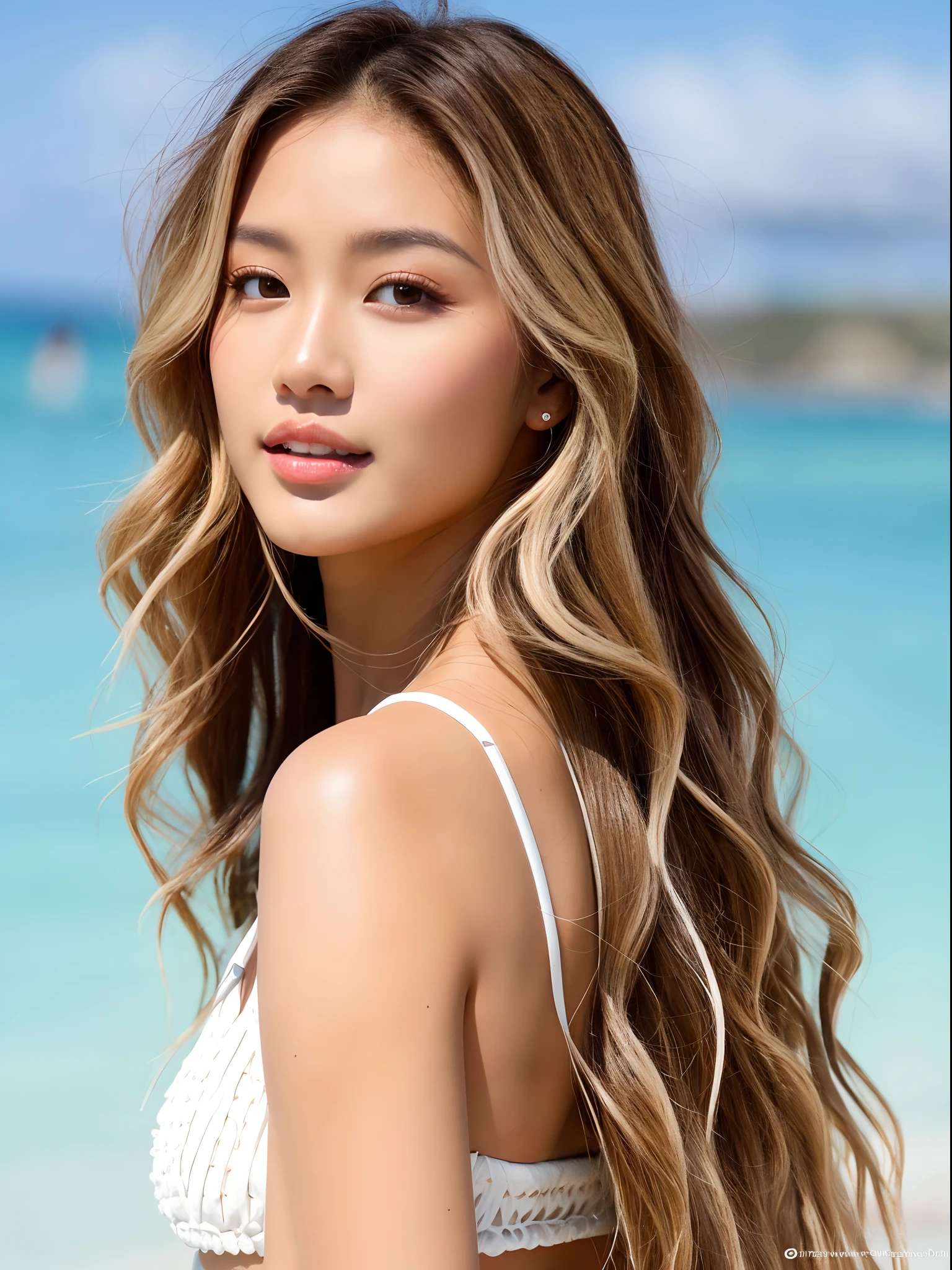 Pretty filipino girl , with realistic skin tone and wavy brown hair with blonde highlights realistic hair , light natural makeup , model nice body , wearing Hawaii outfit, at the beach , super hot girl, realistic details, highly detailed, ultra realistic