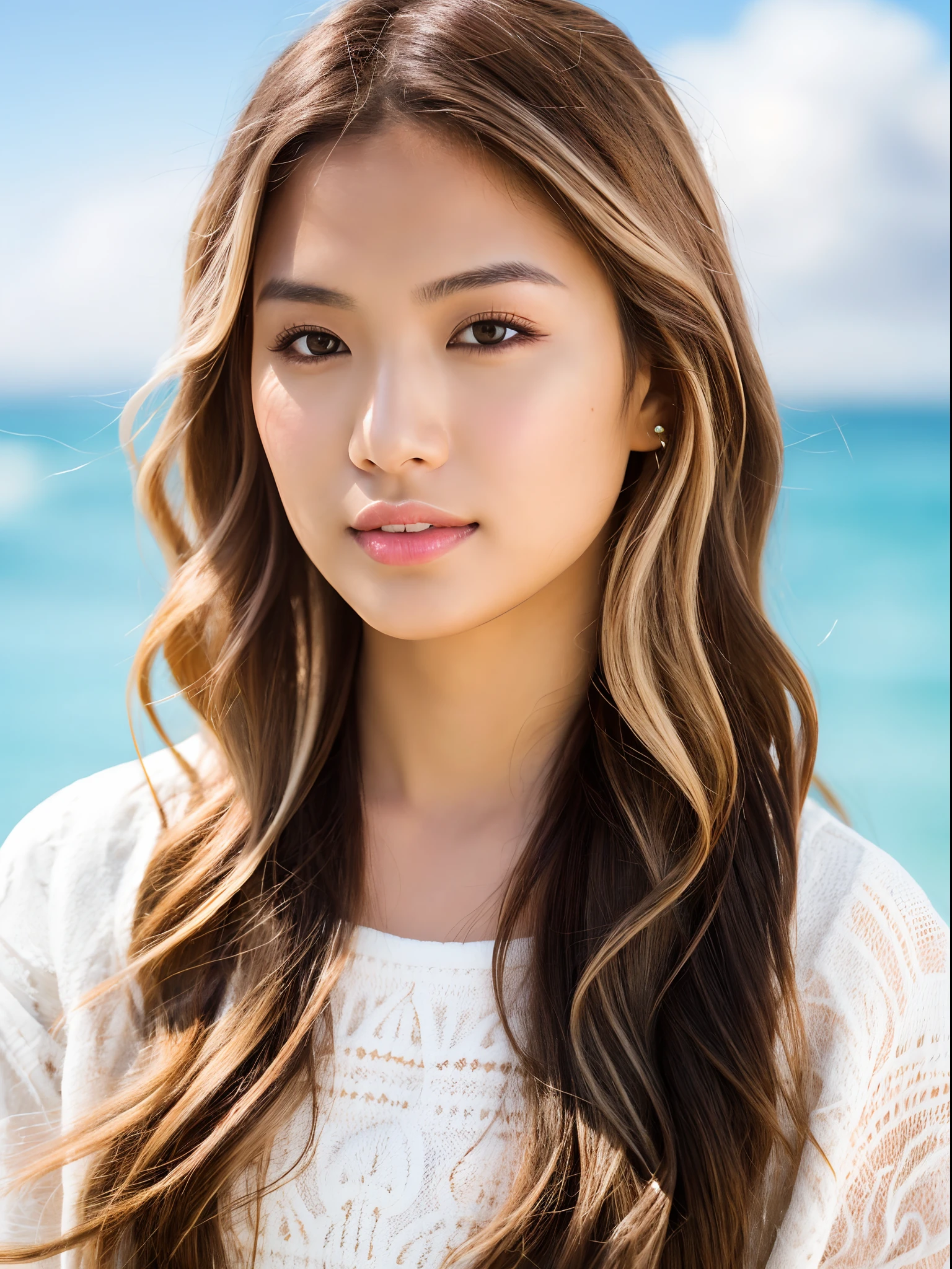 Pretty filipino girl , with realistic skin tone and wavy brown hair with blonde highlights realistic hair , light natural makeup , model nice body , wearing Hawaii outfit, at the beach , super hot girl, realistic details, highly detailed, ultra realistic