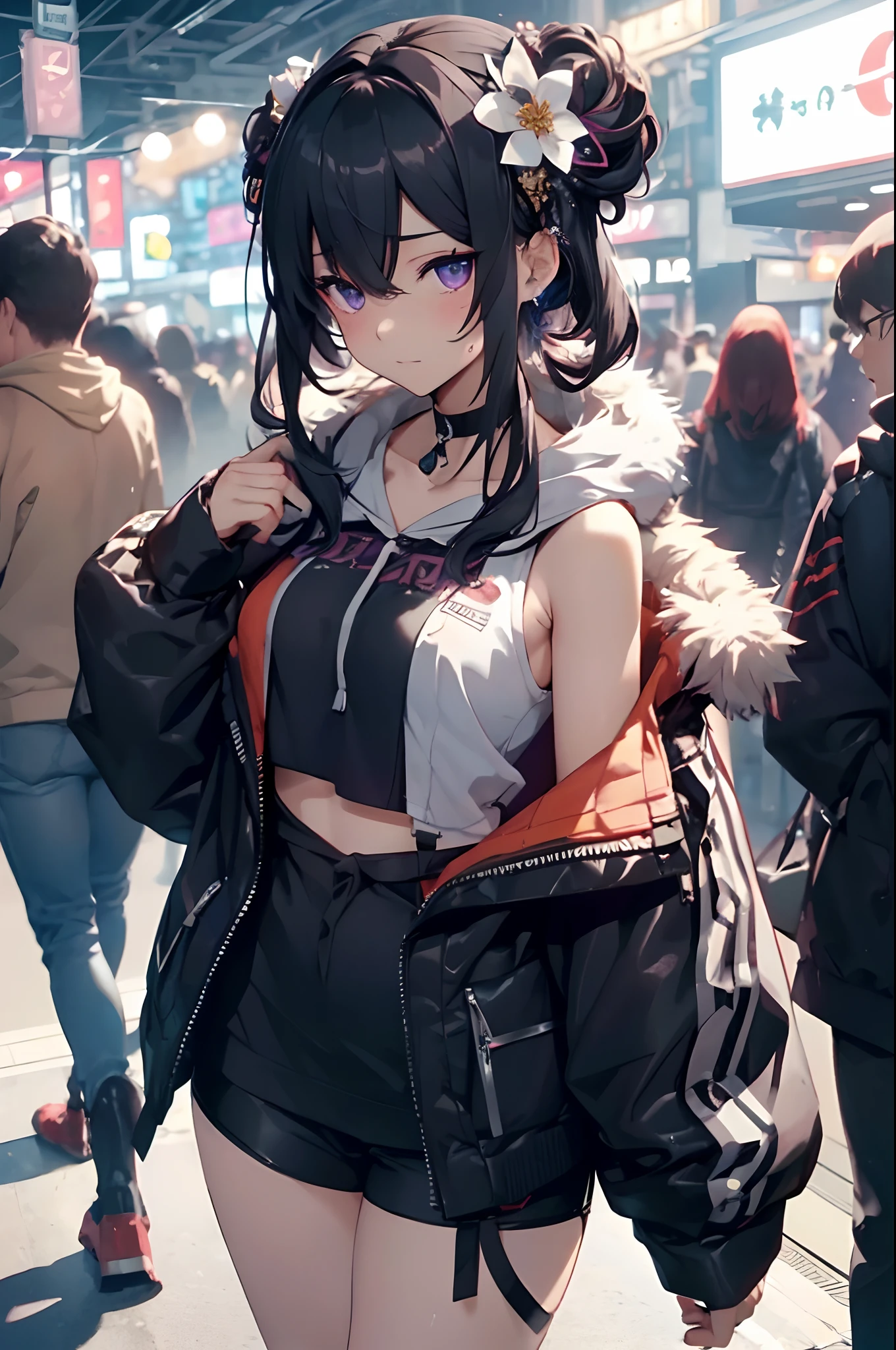 ((of the highest quality)), ((masutepiece)), (Ultra Detail), Add_detail:1, Add_detail:0, Add_detail:0.5,、Add_detail:2 (highest details) Add_detail:1.5 (Better Details) Add_detail:1 (good detail) Add_detail:0.5 (less details) Add_detail:0 (less details) Add_detail:-0.5 (Even less detail) Add_detail:-1(Even less detail), NSFW, Sharp Focus, depth of fields, Cinematic lighting, detailed costume, Lots of detail and texture, 1girl in,Tall body, (Beautiful detailed eyes:1.2), Purple eyes, Eyelashes, bikini of,, , Ichi Nokuharu Halong Hair, Black choker with multicolored hair, Hair Flower Ornament Neck Ribbon Multicolor Black Shorts, earrings, breasts, Sweaty skin, Feeling tired, (cinematic effects) , Still sleepy, Woozy, Oh my ass itch, Fantasy World, swimming pools, Pool at night, (((Starry sky reflected on the surface of the water))), close-up, focus on the ass, city center, Casual gestures in everyday life, Scenes that make the viewer nervous, little sweat, medium breasts, kawaii, Cute, Cool, Fantasy World, iridescent, (light Particle), Dynamic Angle, Dynamic Pose