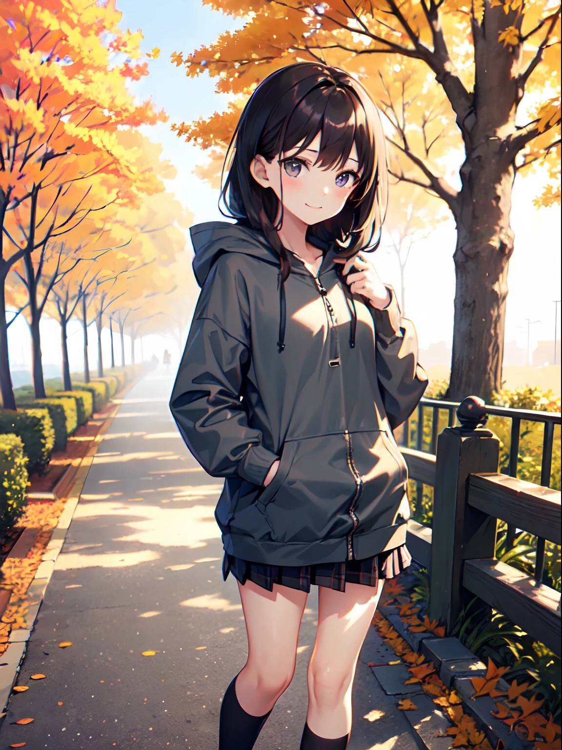 ((1 beautiful young girl)),Solo、1 persons、 ((-yeld juschool girl))、(flat chest)、(Dark-haired girl in grey oversized full-zip hoodie:1.3),(Do not wear hoodie hood:1.3)、Wearing a shirt inside a hoodie、(Plaid pleated skirt), (high socks), (lowfers),(Long straight hair)、Autumn Park、Colored leaves、leaves falling、stroll、A slight smil、