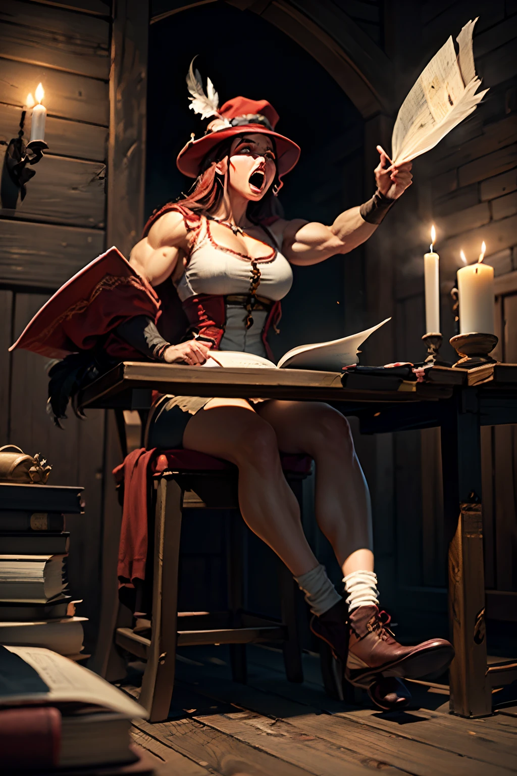 Muscular and clumsy young female cartography student desperately fumbling with her papers over a large wooden table, under dim candle lights. Terrified facial expression, screaming, eyes wide open, frustrated. Muscular bodybuilder female, feather hat, red puffy hat, rolled-up sleeves, exotic medieval clothes, The Witcher clothes, full body, full-length portrait