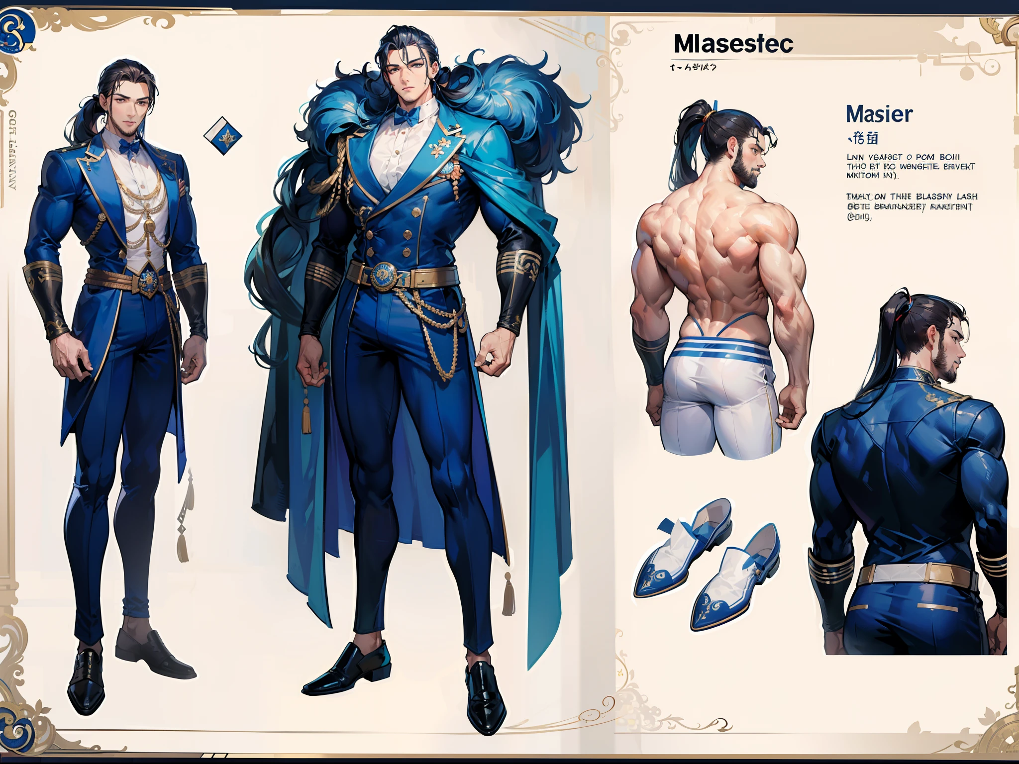 ((Masterpiece, Highest quality)), Detailed face, character design sheet, full bodyesbian, Full of details, frontal body view, back body view, Highly detailed, Depth, Many parts, Muscle boy with ponytail long brunnete hair,handsome man, muscle body, navy, commander, man tall,