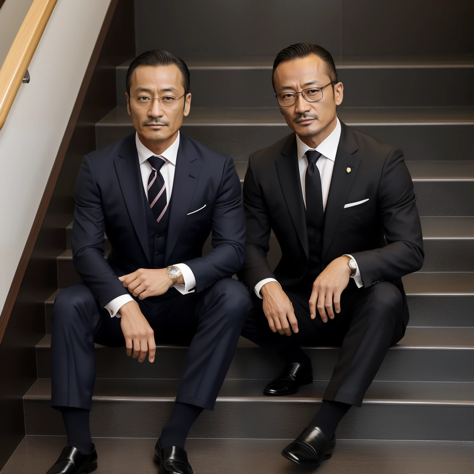 aged 40，Hidetoshi Nakata ，（Kogoro Mouri 1.3），Two men sat on the stairs，Naked upper body，Thick body hair，Wear sexy briefs，Crotch contour，little beard，tmasterpiece，k hd，black long socks，the feet，Business suit