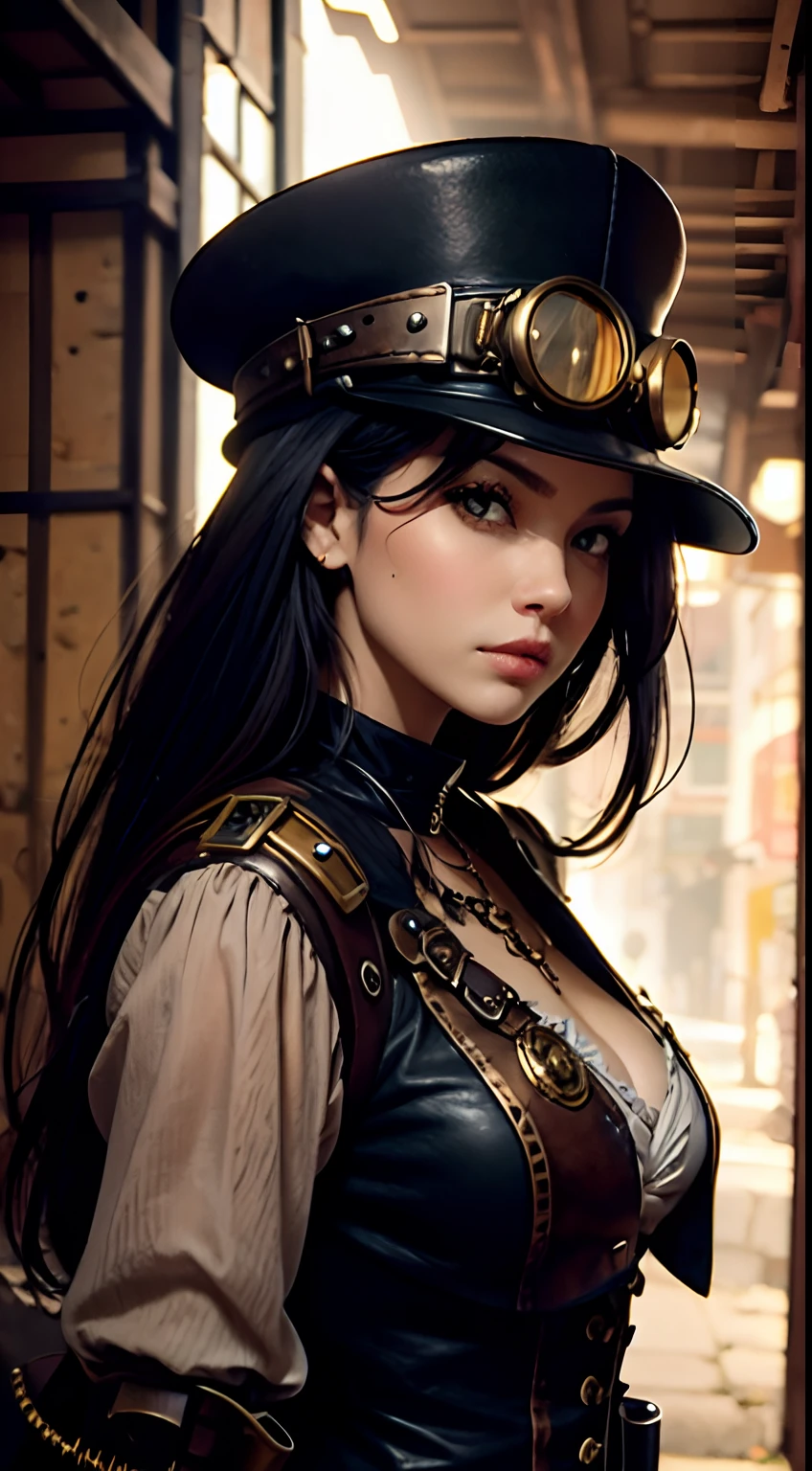 Retrato ultra realista de uma linda mulher de olhos azuis, cabelo preto ondulado, vestindo roupas steampunk sexy, tophat, cartola de couro, goggles de ouro. A steampunk pistol in one hand, Front view, corpo inteiro, colete e saia de couro, master part, ultradetalhado, Vista noturna de uma cidade steampunk
