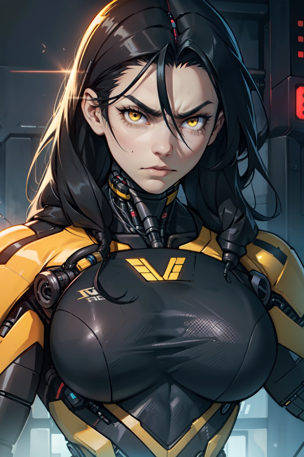 1 girl pale skin black hair yellow eyes long hair angry muscular toned body bodybuilder (((cybernetic suit))) huge tits close up