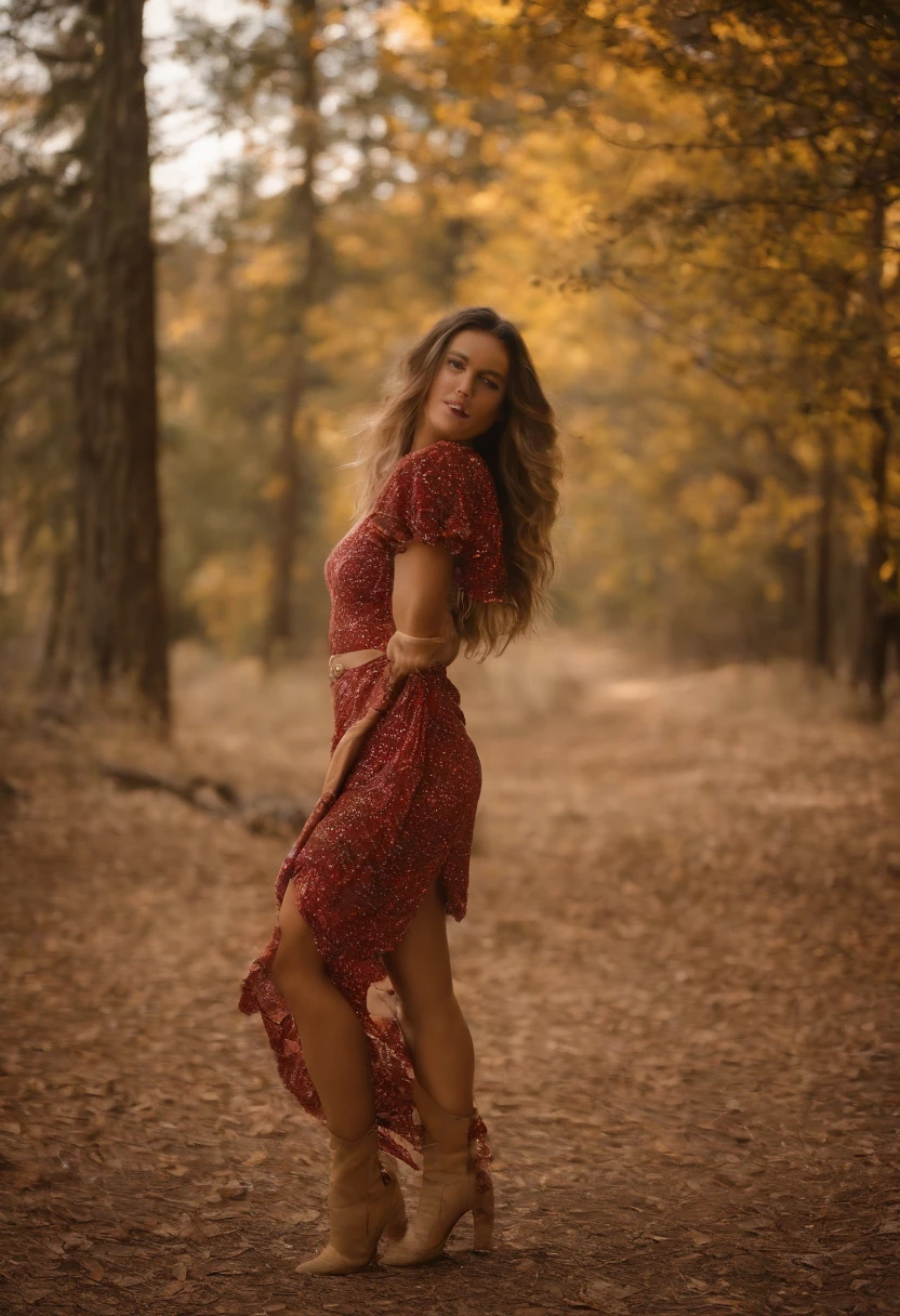 Uma linda cigana, de cabelos escuros, longos e ondulados, Dancing around a bonfire in a party setting decorated with colorful ribbons. Usa um vestido longo, fluido com um corselet sexy. Usa muitas joias de ouro