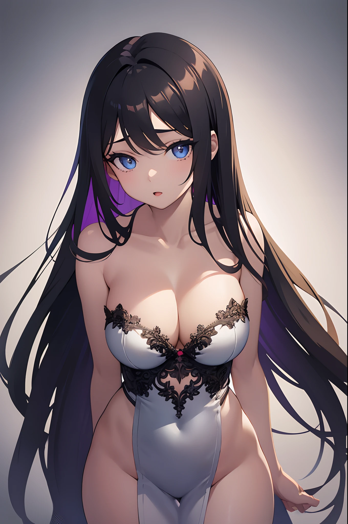 1girl, anime, cute girl, blank background, white background, fantasy, detailed dark fantasy dress with highlights, beautiful face, beautiful eyes, dark colors, medium breasts, slight cleavage, beautiful skin, cute, breast curtains, extremely delicate and beautiful, (beautiful detailed face:1.0), (detailed deep eyes), symmetrical breasts, deep eyes, shiny skin, portrait, slender waist, hips wider than shoulders, thighs, young girl