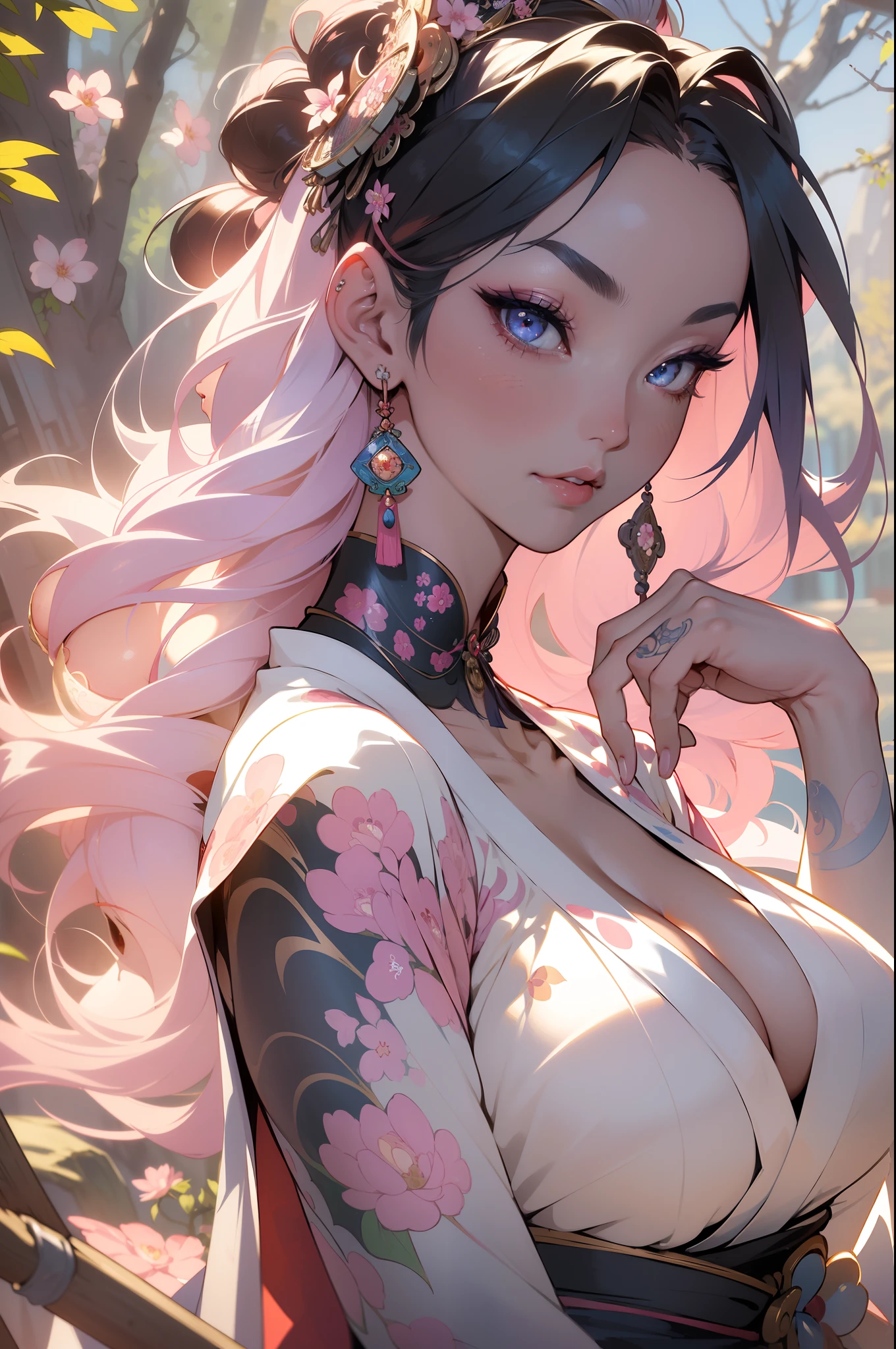 ((Best quality UHD)), ((masterpiece)), (detailed: 1.4), (Absurd), the most beautiful and sexy geisha girl, finely detailed geisha make-up, long platinum pink hair blowing in the wind, pale white kinetic skin, vibrant glowing blue eyes, hot woman, wearing the most beautiful highly detailed kimono and ribbon, sculptural body (((huge enormously gigantic breasts, cleavage showing)), tons of tattoos and piercings(((unkempt hair)), very long finely detailed eyelashes, by mucha, niji --V5, close to real, sexy dynamic pose, pastel, centered, scale to fit the dimensions, post apocalyptic feudal Japan, cherry blossoms blowing in the wind, highy detailed background, perfect masterpiece, best quality, best resolution