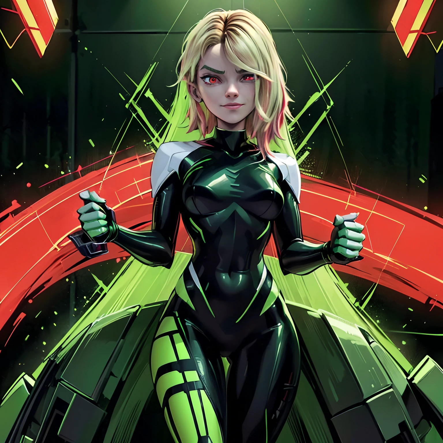 (best quality,4k,8k,highres,masterpiece:1.2),Gwen Stacy in high tech Green Goblin armor, red eyes, evil smiles,mysterious atmosphere,Green villain armor, intense emotions, adrenaline rush,, comic book-inspired, intense contrast, eerie green glow, dystopian setting, high-tech armor