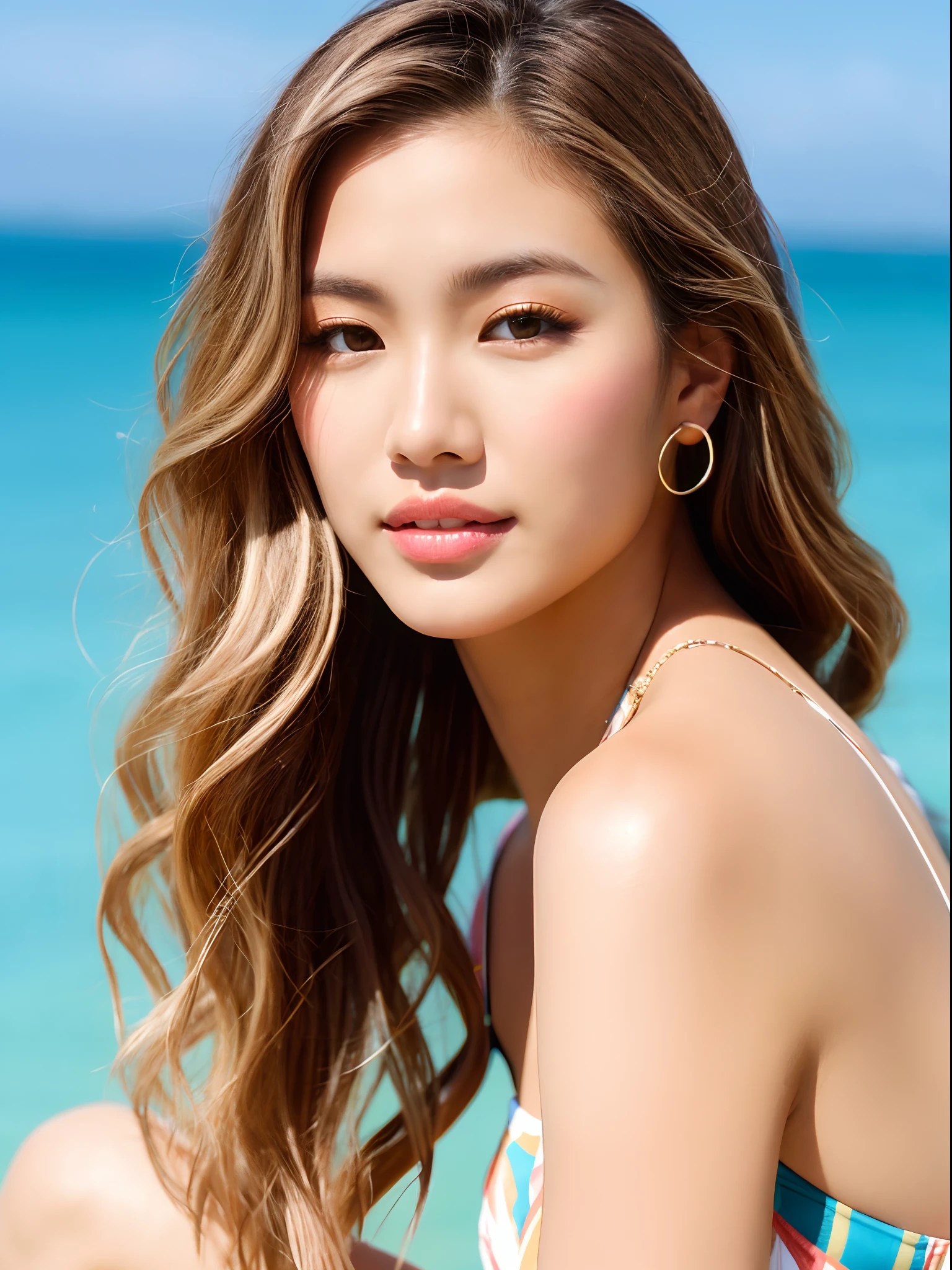 Pretty filipino girl , with realistic skin tone and wavy brown hair with blonde highlights realistic hair , light natural makeup , model nice body , wearing Hawaii outfit, at the beach , super hot girl, realistic details, highly detailed, ultra realistic