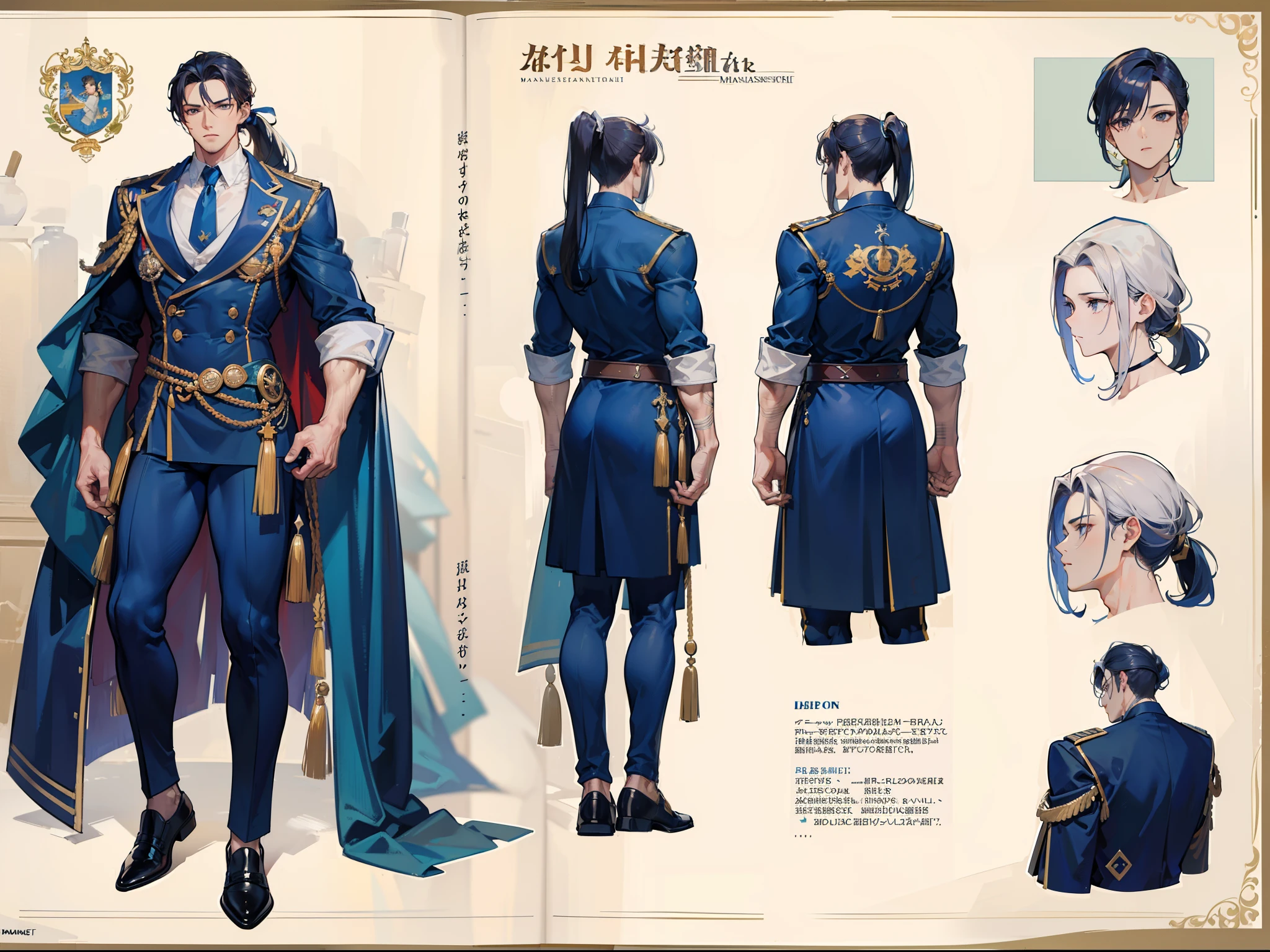 ((Masterpiece, Highest quality)), Detailed face, character design sheet， full bodyesbian, Full of details, frontal body view, back body view, Highly detailed, Depth, Many parts, Muscle boy with ponytail long brunnete hair，handsome man, muscle body, navy, commander, man tall,