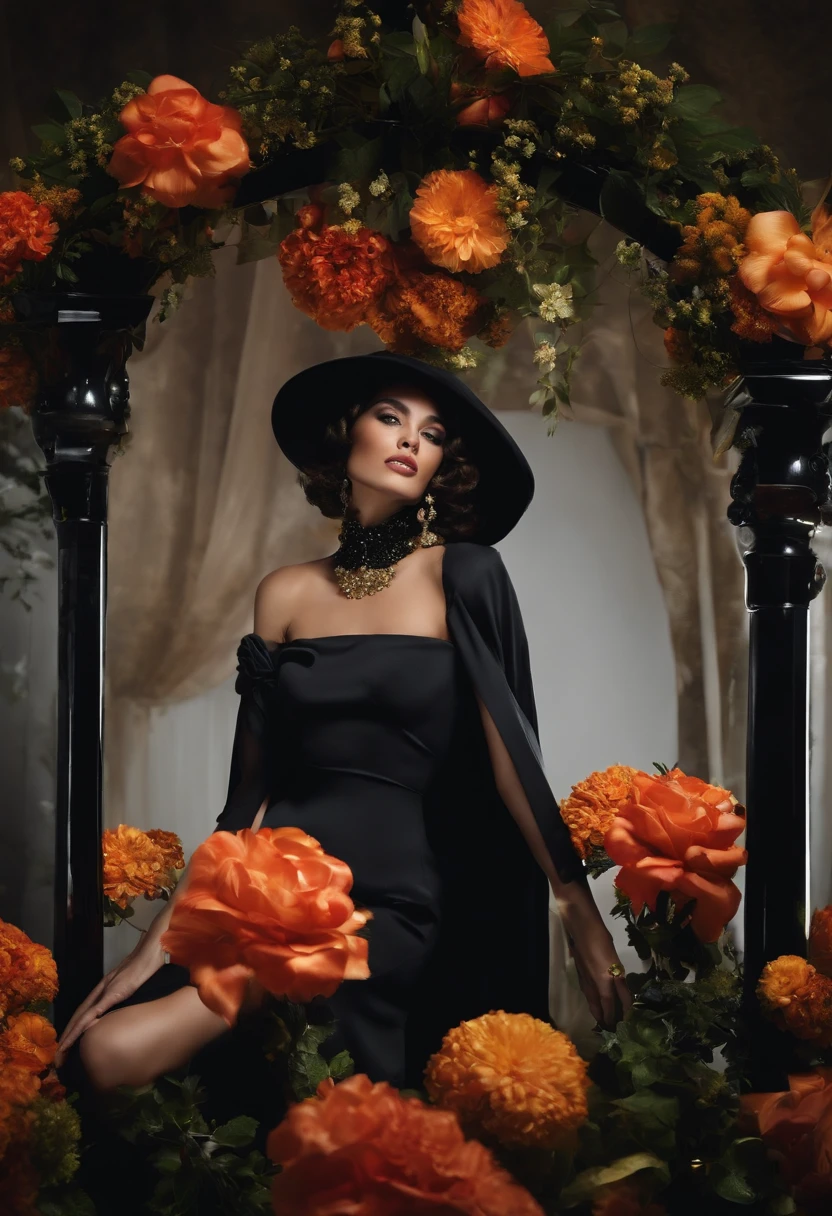 Uma bela rainha eslava vestindo um capuz preto moderno, coberto de joias de cristal preta floral, capa de revista,visual arrojado e majestoso