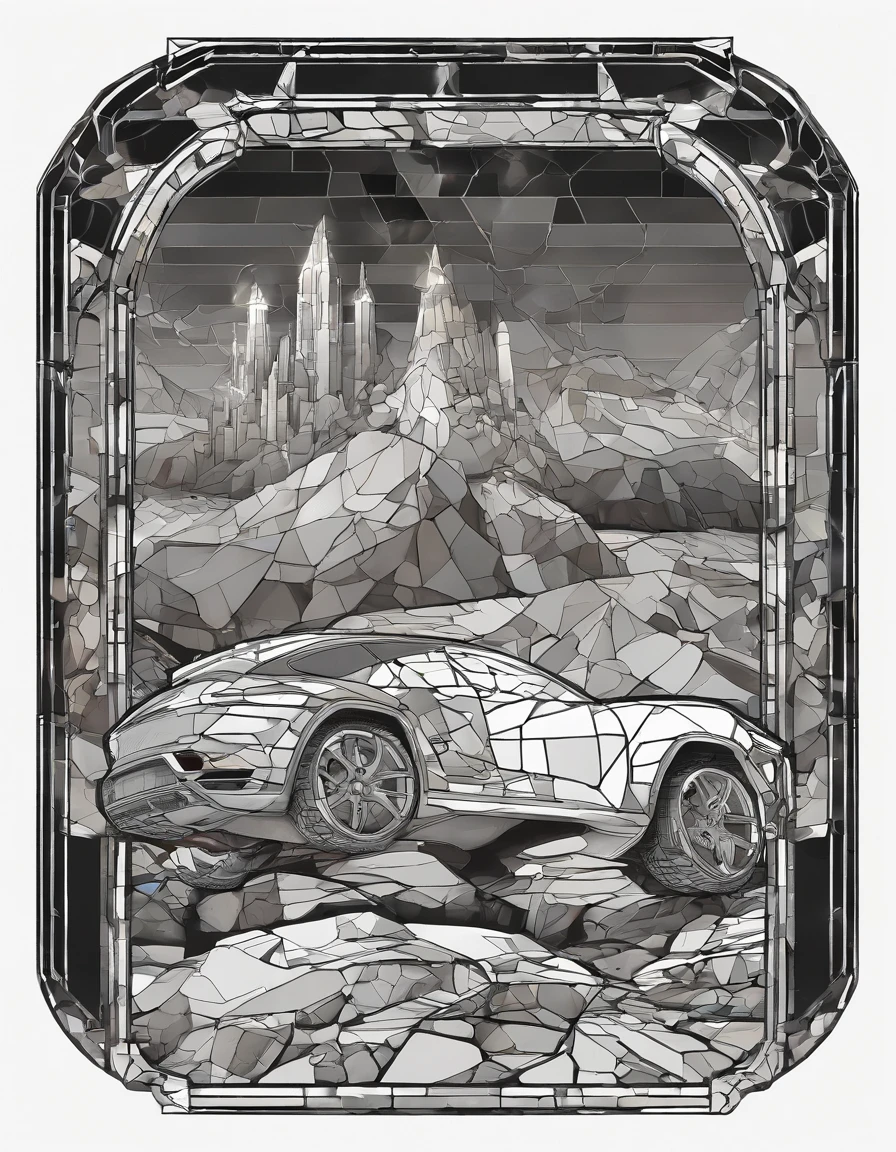2022 (white)(Porsche Cayenne)Horror-themed highly detailed illustration of a gigantic porsche cayenne gigantic wheels, outside in rocky terrain, very rocky, flashlight beams in the background, very dark, spooky, horror, eerie, unsettling, dark, spooky, suspenseful, grim, realism, fog, (but with) detailed retro-futuristic architecture