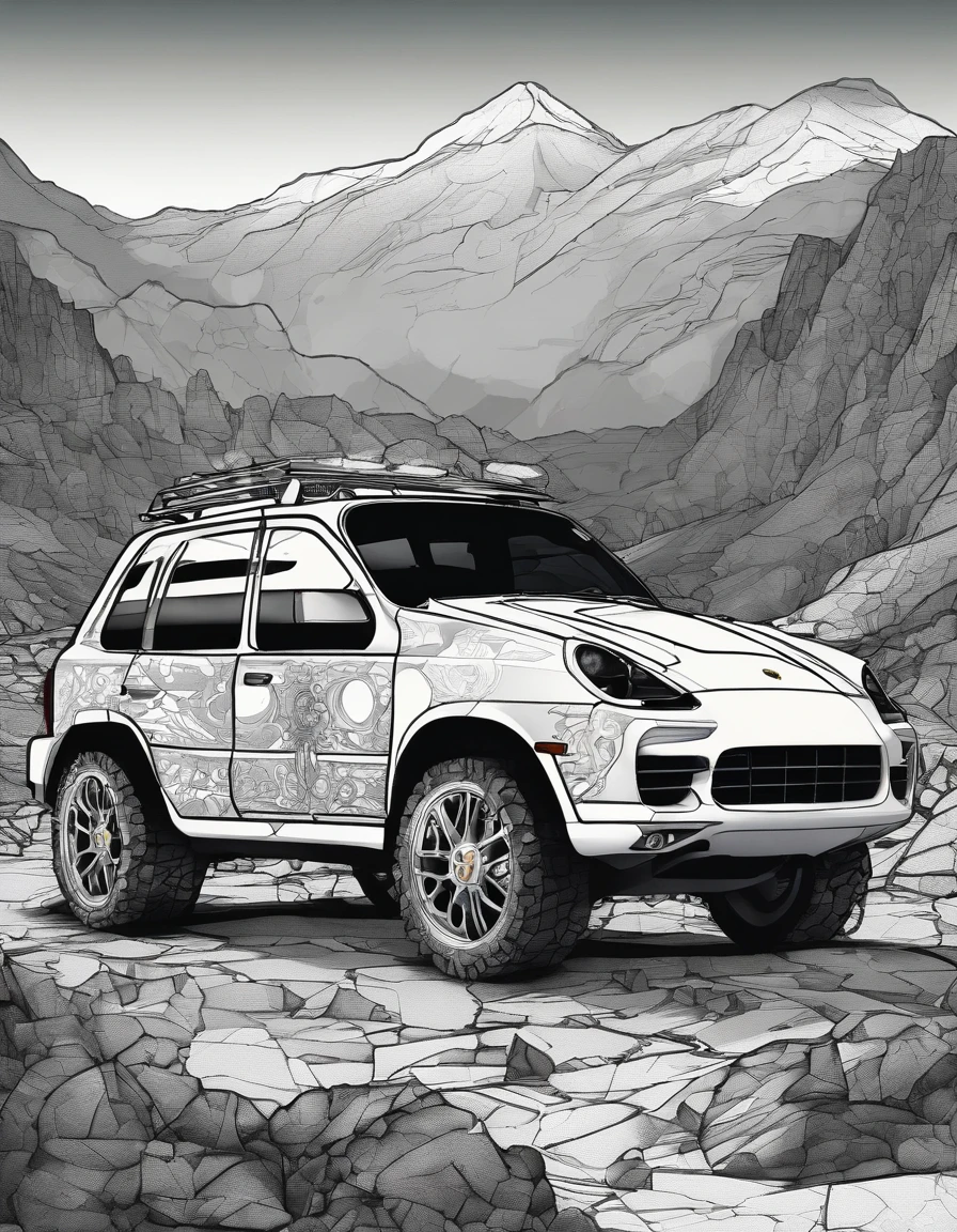2022 (white)(Porsche Cayenne)Horror-themed highly detailed illustration of a gigantic porsche cayenne gigantic wheels, outside in rocky terrain, very rocky, flashlight beams in the background, very dark, spooky, horror, eerie, unsettling, dark, spooky, suspenseful, grim, realism, fog, (but with) detailed retro-futuristic architecture