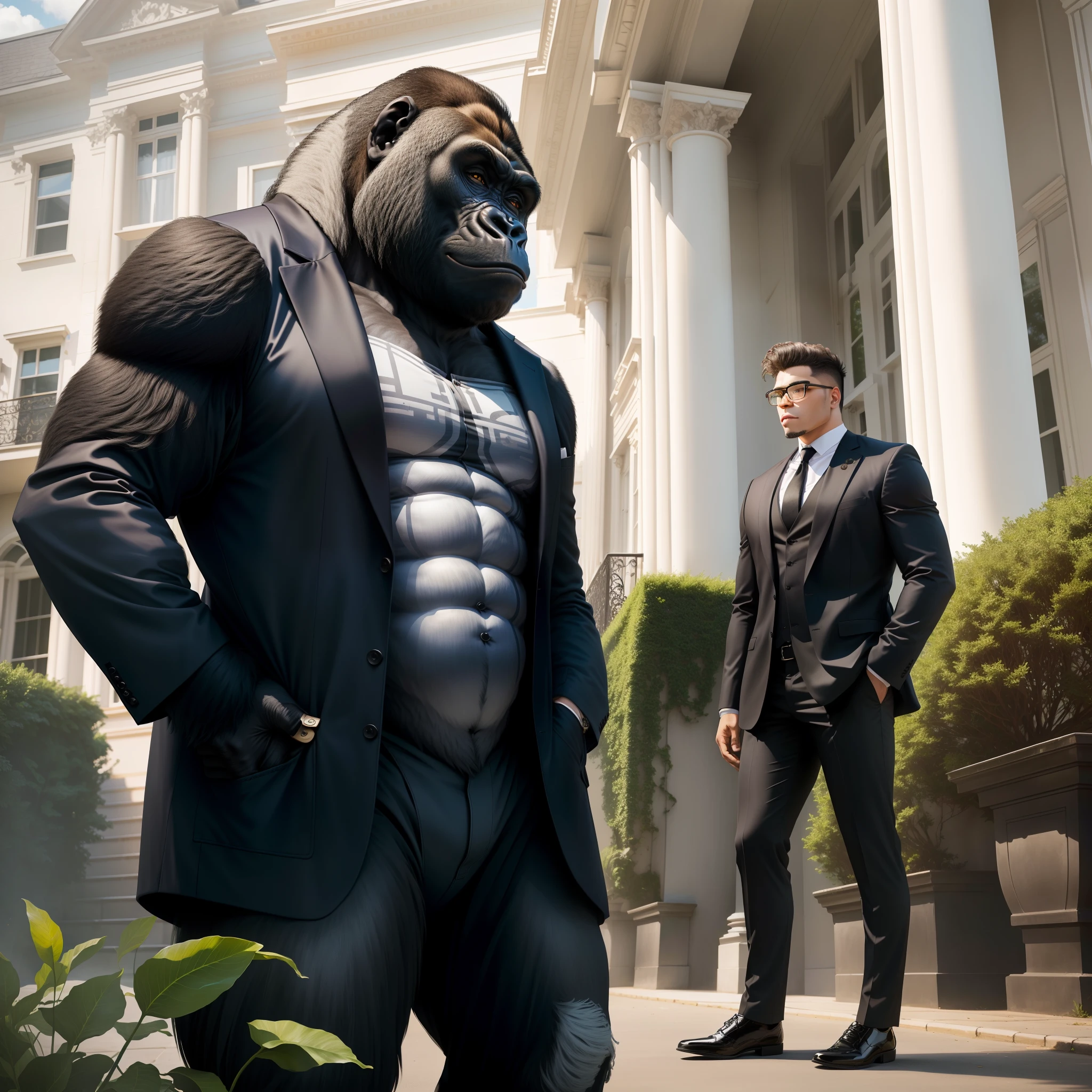 A gorilla in front of a modern mansion