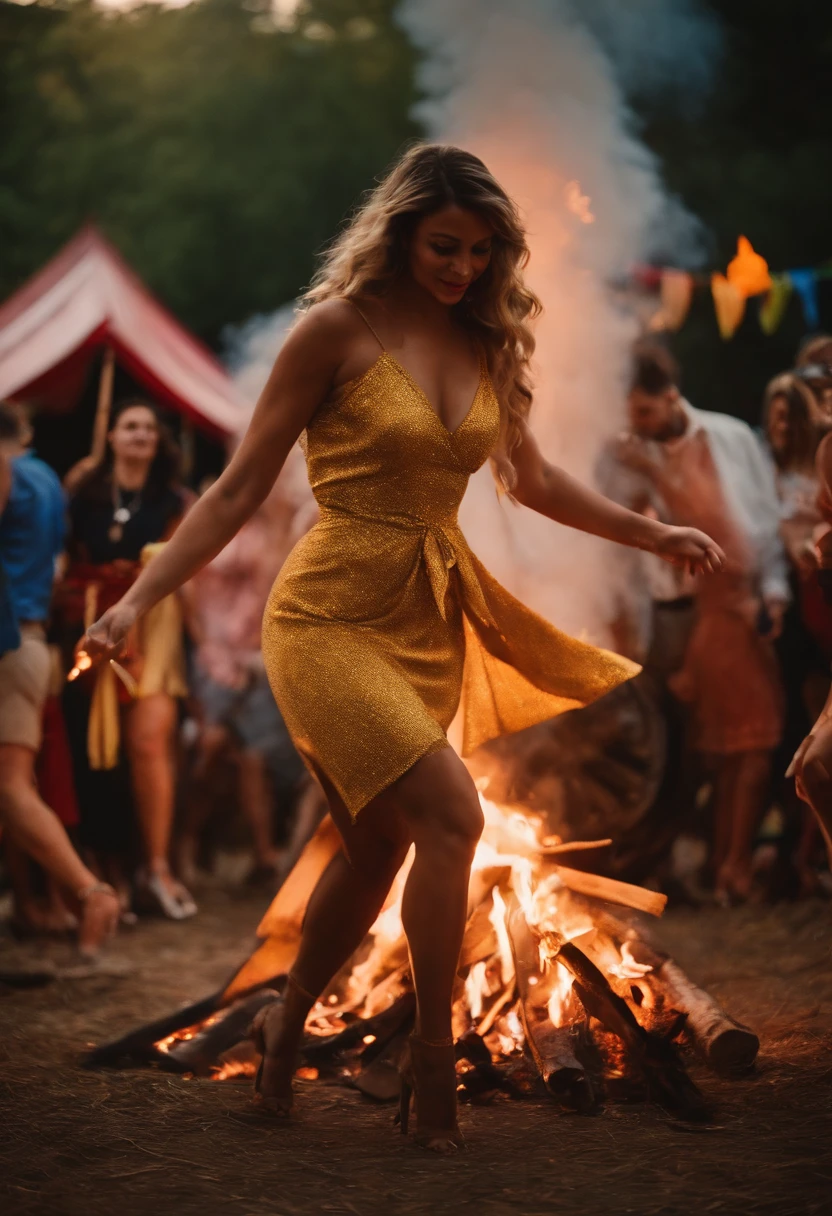 Uma linda cigana, de cabelos escuros, longos e ondulados, Dancing around a bonfire in a party setting decorated with colorful ribbons. Usa um vestido longo e muitas joias de ouro