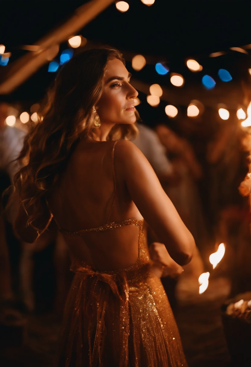 Uma linda cigana, de cabelos escuros, longos e ondulados, Dancing around a bonfire in a party setting decorated with colorful ribbons. Usa um vestido longo e muitas joias de ouro