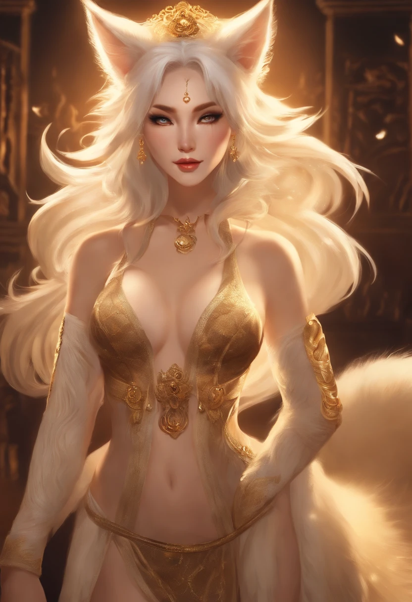An attractive anthro kitsune with golden fur, multiple tails, she has white hair and white glowing intricate body tattoos; she is standing in a room at night; she is standing 10 feet away from the viewer; she is wearing earrings and no clothing; she is looking at the viewer with glowing bedroom eyes; she drawn in a detailed realistic high definition art style wile holding a glass of wine.