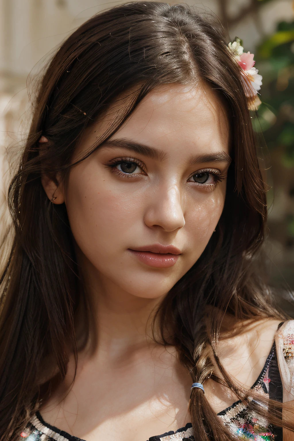 Photorealistic, Lip gloss, Painting, Realistic, Best Quality, Ultra High Resolution, Depth, pastel color, Natural Shading, Focus on Face, only face, Looking at Viewer, Long hair, hairaccessories, Black hair, brown and detailed eyes, Dress