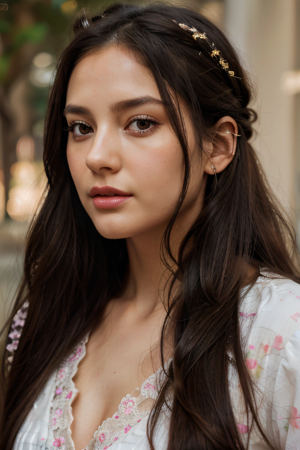 Photorealistic, Lip gloss, Painting, Realistic, Best Quality, Ultra High Resolution, Depth, pastel color, Natural Shading, Focus on Face, only face, Looking at Viewer, Long hair, hairaccessories, Black hair, brown and detailed eyes, Dress
