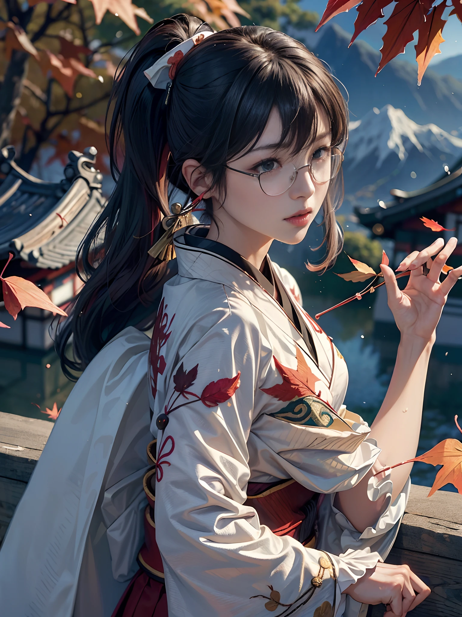 (rokoko:1.5)Background of details(the morning sun(mountainscape)),(Kyoto in Japan(Colored leaves:1.5)),BREAK ,elaborate costume(Luxury kimono(Colorful kimono(detailed embroidery()))),BREAK,(1 Beautiful and classy adult woman(Japanese actressl:1.2)(glossy dark hair(poneyTail:1.2))),(eye glass:1.2),(Arms outstretched),BREAK,Wallpapers 16K,Blur the background,(masutepiece:1.5),(Best Quality:1.5),(Portrait photos:1.5),From above