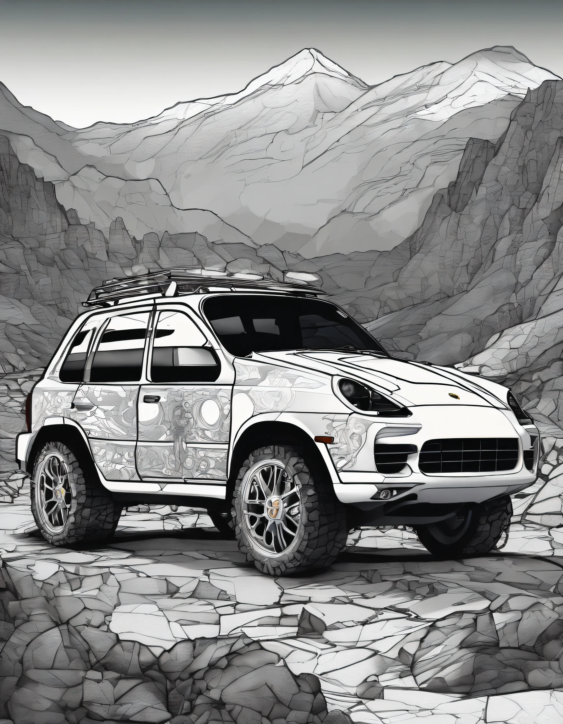 2022 (white)(Porsche Cayenne)Horror-themed highly detailed illustration of a gigantic porsche cayenne gigantic wheels, outside in rocky terrain, very rocky, flashlight beams in the background, very dark, spooky, horror, eerie, unsettling, dark, spooky, suspenseful, grim, realism, fog, (but with) detailed retro-futuristic architecture