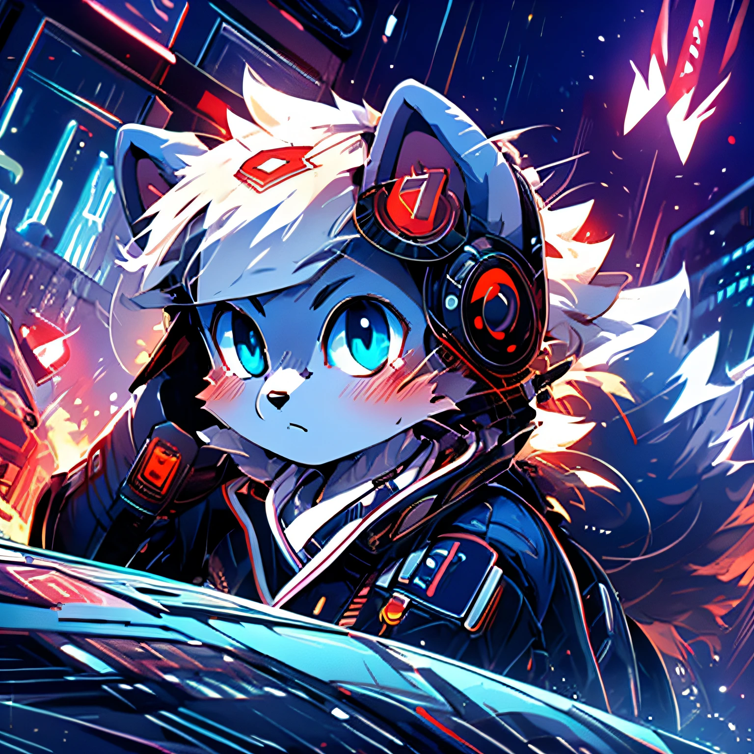 masutepiece, Solo, 1girl in, Furry, けもの, Furry Pomeranian, anthropomorphic, Female, Blue eyes, (Silver fur, silver skin), SF Uniforms, SF Metropolis, cyberpunked