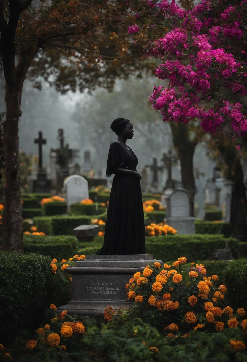 Uma bela rainha eslava vestindo um capuz preto moderno, coberto de joias de cristal preta floral, capa de revista,visual arrojado e majestoso. The atmosphere is that of a cemetery
