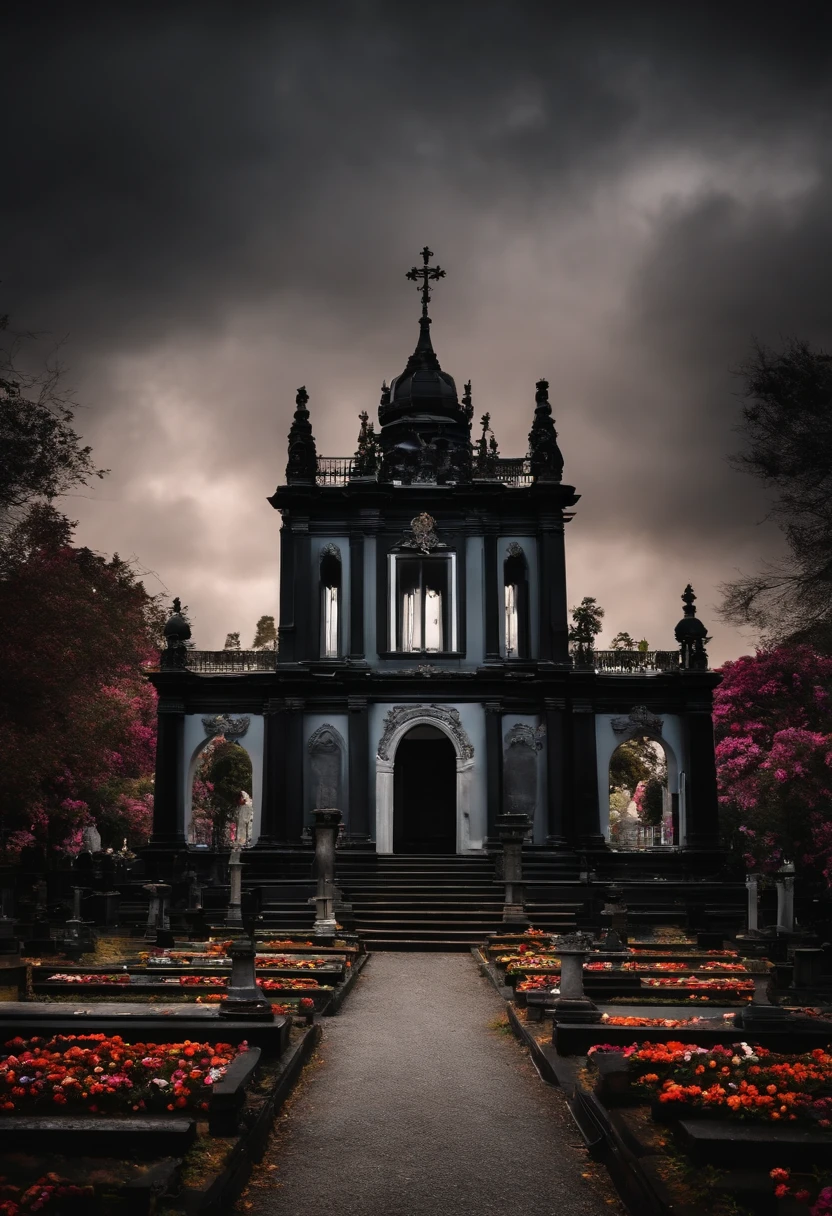 Uma bela rainha eslava vestindo um capuz preto moderno, coberto de joias de cristal preta floral, capa de revista,visual arrojado e majestoso. The atmosphere is that of a cemetery