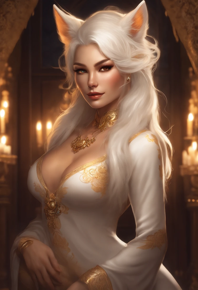 An attractive anthro kitsune with golden fur, multiple tails, she has white hair and white glowing intricate body tattoos; she is standing in a room at night; she is standing 10 feet away from the viewer; she is wearing earrings and no clothing; she is looking at the viewer with glowing bedroom eyes; she drawn in a detailed realistic high definition art style wile holding a glass of wine as white thick cream splatters her face and body and a white thick substance gushes from her exposed pussy