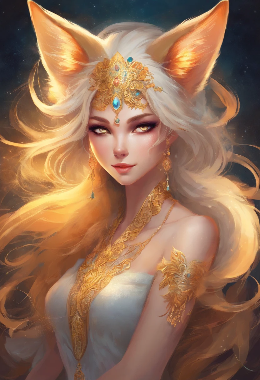 An attractive anthro kitsune with golden fur, multiple tails, she has white hair and white glowing intricate body tattoos; she is standing in a room at night; she is standing 10 feet away from the viewer; she is wearing earrings and no clothing; she is looking at the viewer with glowing bedroom eyes; she drawn in a detailed realistic high definition art style wile holding a glass of wine.