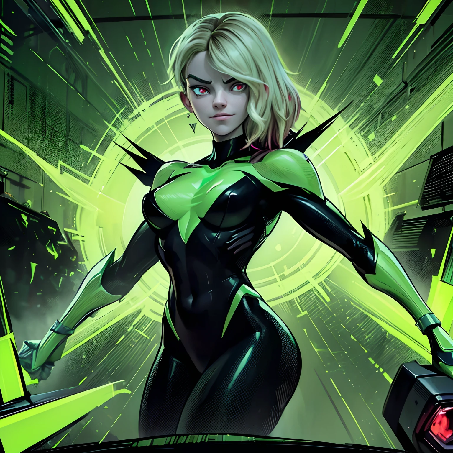 (best quality,4k,8k,highres,masterpiece:1.2),Gwen Stacy in high tech Green Goblin armor, red eyes, evil smiles,mysterious atmosphere,Green villain armor, intense emotions, adrenaline rush,, comic book-inspired, intense contrast, eerie green glow, dystopian setting, high-tech armor