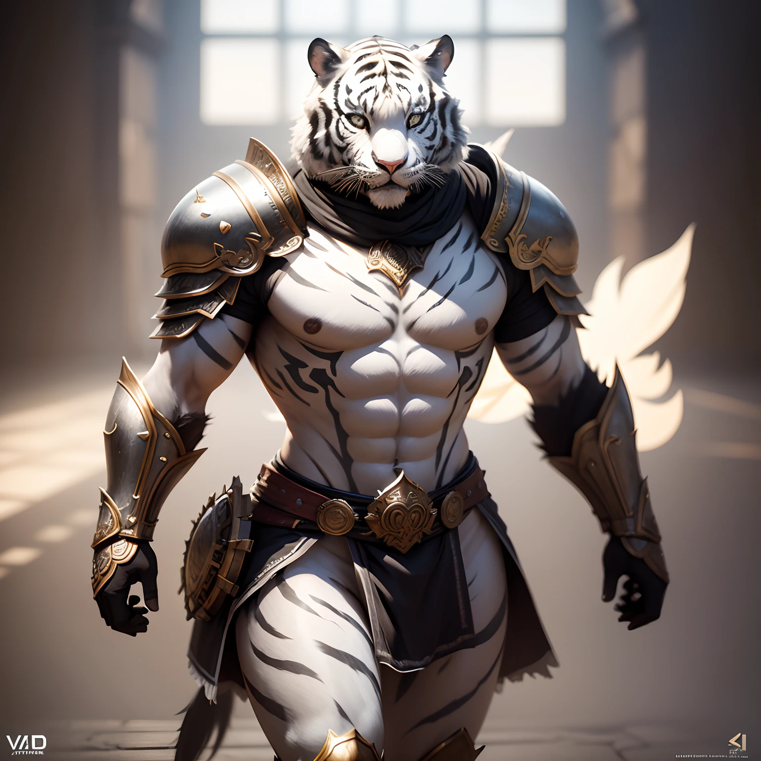 Super cute white tiger warrior in 4K realistic armor, super detailed, vray display, unrealistic engine, midjourneyart style.