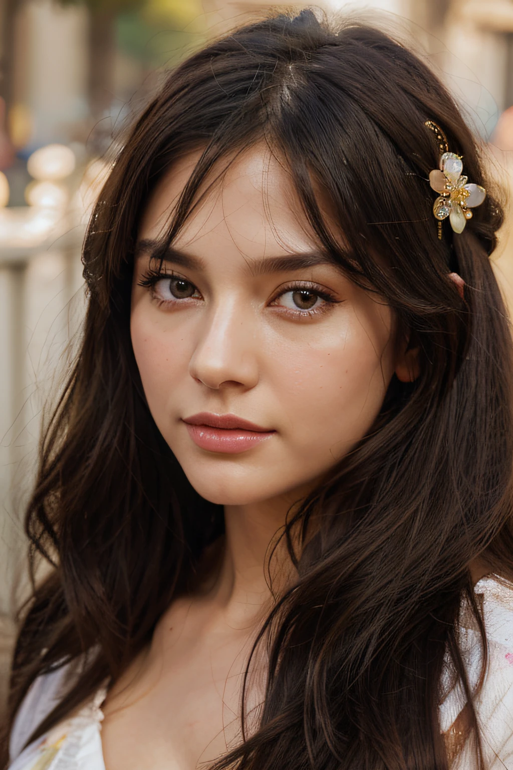 Photorealistic, Lip gloss, Painting, Realistic, Best Quality, Ultra High Resolution, Depth, pastel color, Natural Shading, Focus on Face, only face, Looking at Viewer, Long hair, hairaccessories, Black hair, brown and detailed eyes, Dress