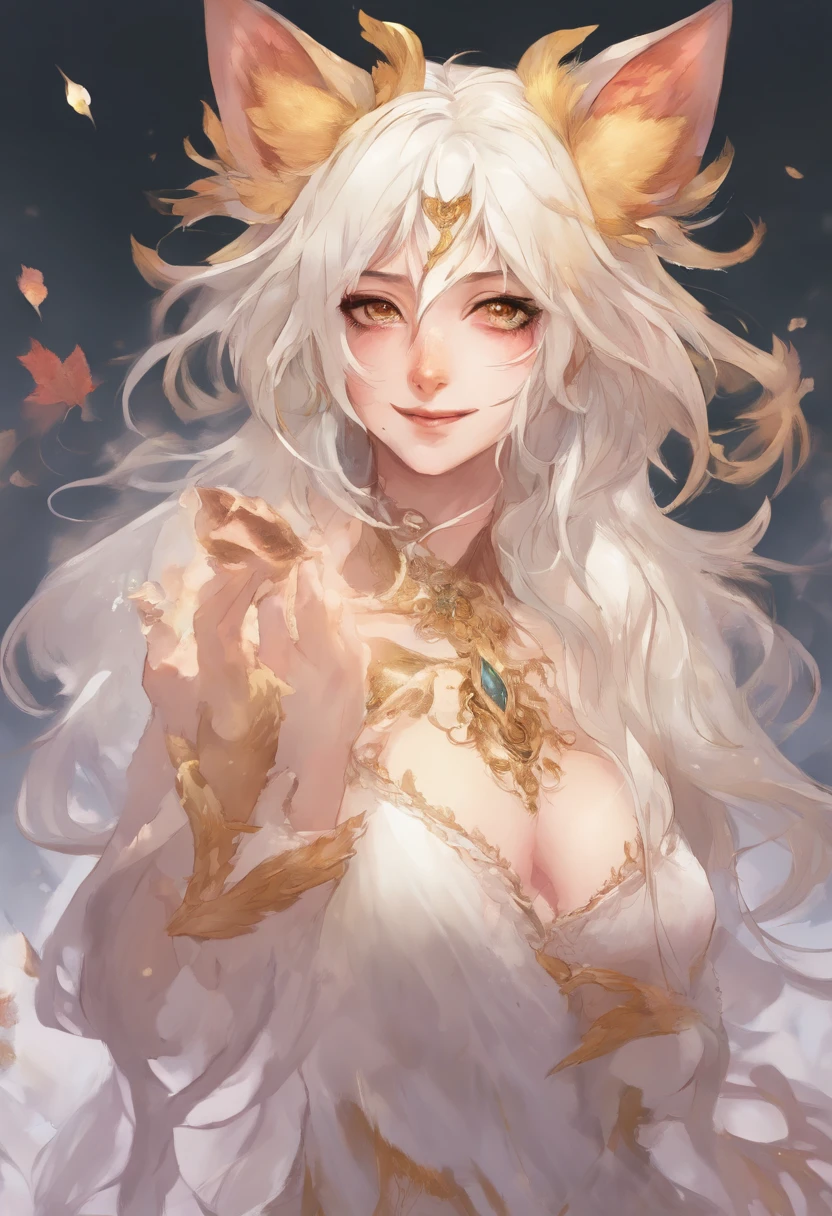 An attractive anthro kitsune with golden fur, multiple tails, she has white hair and white glowing intricate body tattoos; she is standing in a room at night; she is standing 10 feet away from the viewer; she is wearing earrings and no clothing; she is looking at the viewer with glowing bedroom eyes; she drawn in a detailed realistic high definition art style wile holding a glass of wine as white thick cream splatters her face and body and a white thick substance gushes from her exposed