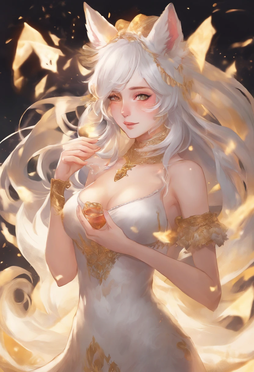 An attractive anthro kitsune with golden fur, multiple tails, she has white hair and white glowing intricate body tattoos; she is standing in a room at night; she is standing 10 feet away from the viewer; she is wearing earrings and no clothing; she is looking at the viewer with glowing bedroom eyes; she drawn in a detailed realistic high definition art style wile holding a glass of wine as white thick cream splatters her face and body and a white thick substance gushes from her exposed
