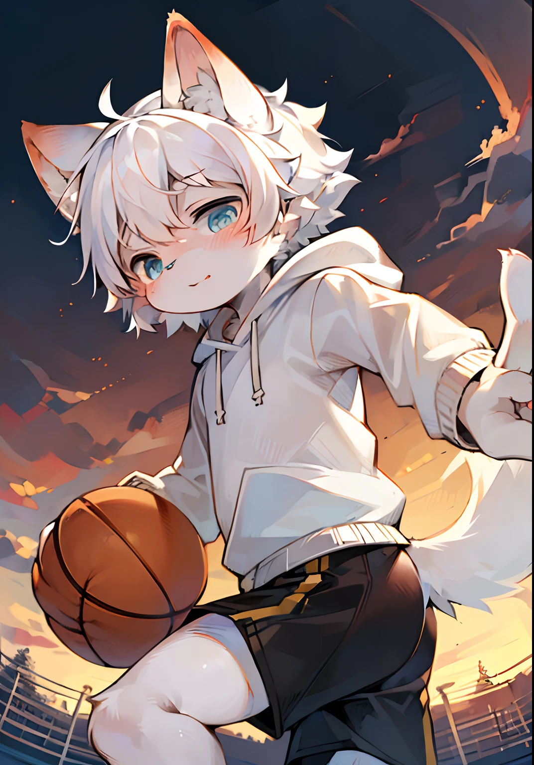 ambiente dark:0.8),Masterpiece,High quality,abstract res,Digital painting\(artwork of a\), by Dagasi, Yupa,Kiyosan,(anthro,Fluffy fur,Character focus:1.1),anthro male cat,Short hair,Portrait , eyes with brightness, in a panoramic view, Character focus.(detailedbackground:0.7), 独奏, shaggy, shaggy male, malefocus, anthr,(White fur all over, basketball ball，White sweatshirt，White sports shorts，Jump shooting pose，A confident expression，White cat ears，Fish tail, White fur, Light blue eyes, White hair:1.2), (long canines：1.2）exteriors，basketball playground，Sunset background，early evening，Orange sky，Face away from the perspective