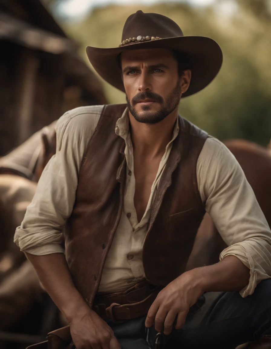 cinematic portrayal, ((Parte superior del cuerpo)), De cara a la audiencia, (Realidad :1.3), The most beautiful art photo in the world, A man looks at the camera, Conjuntos de mezclilla vintage, Vaquero occidental, Cara hermosa detallada, action shot, (intrincado :1.4), Antecedentes occidentales, realistic photograph, during the day, CG, Stand de Arte