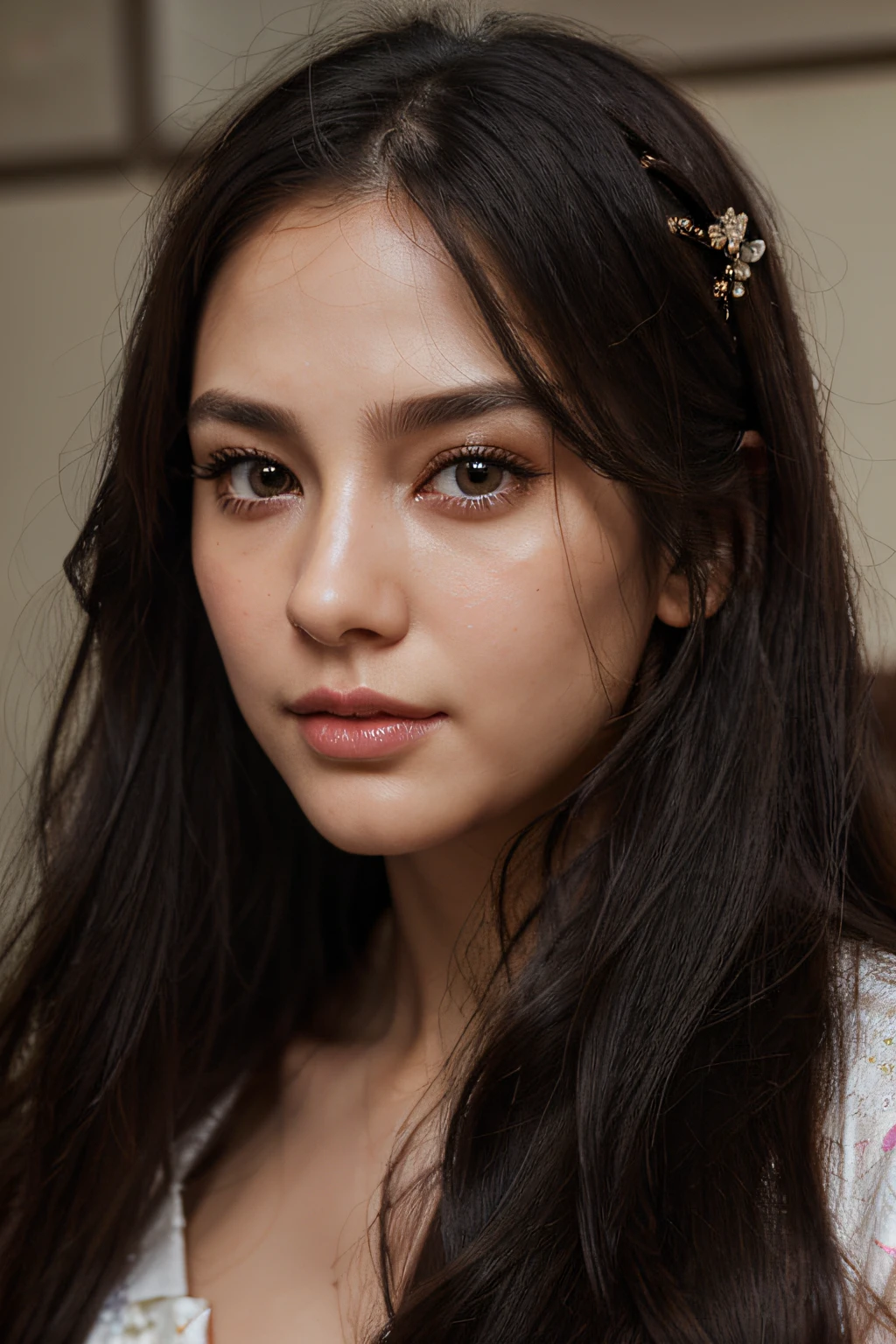 Photorealistic, Lip gloss, Painting, Realistic, Best Quality, Ultra High Resolution, Depth, pastel color, Natural Shading, Focus on Face, only face, Looking at Viewer, Long hair, hairaccessories, Black hair, brown and detailed eyes, Dress、Black theme、facial close-up、facial close-up