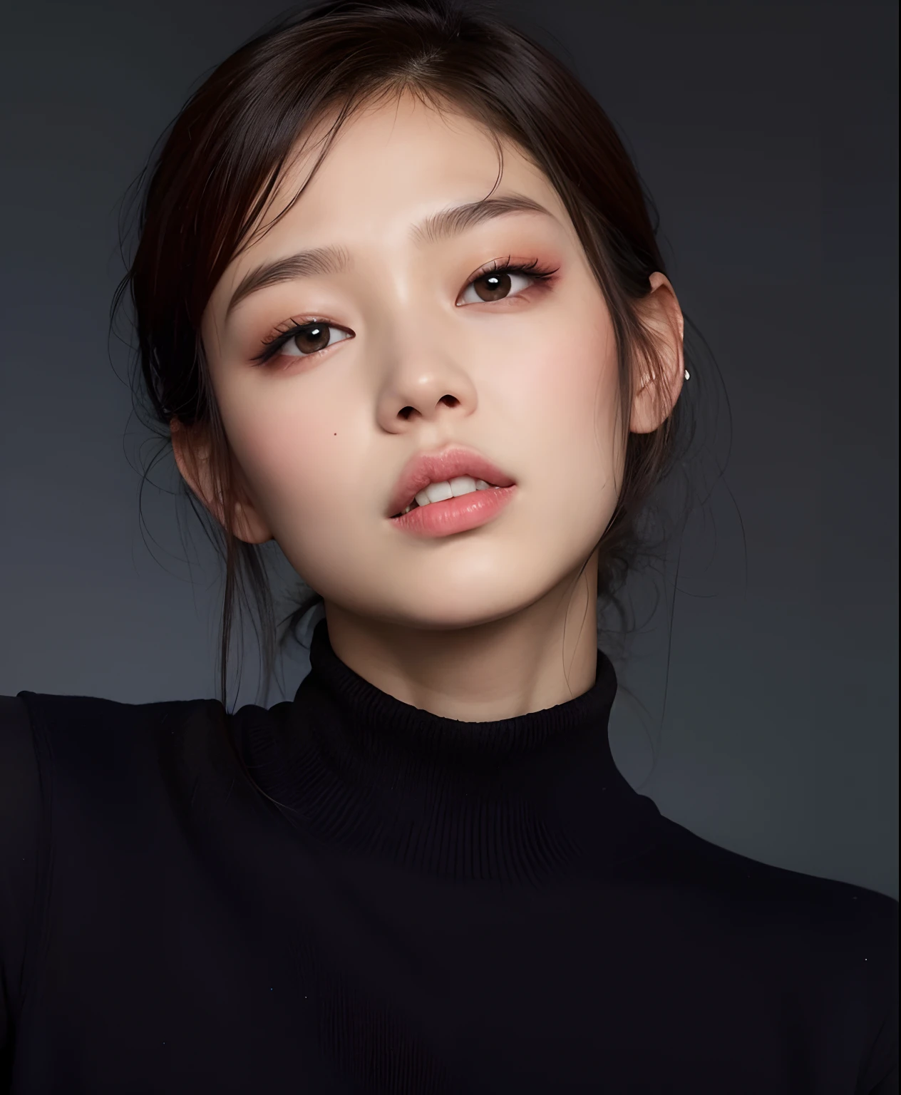 A woman with a black turtle neck top and a black top - SeaArt AI