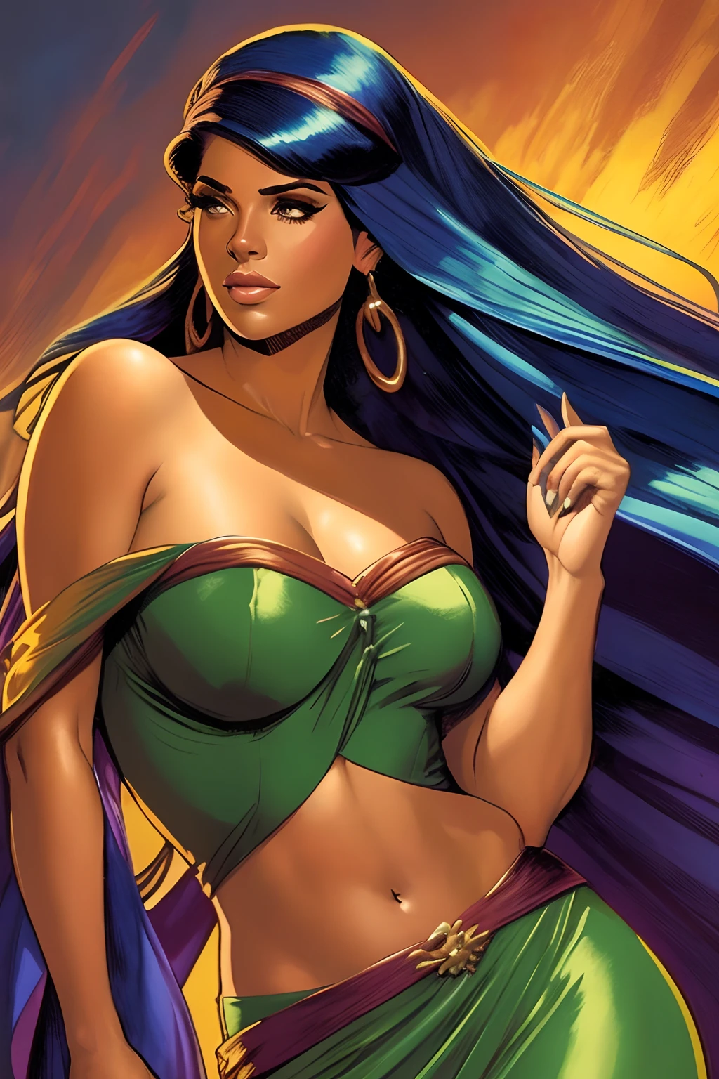 Arte inspirada no estilo de John Buscema, disco Rigido, (Melhor detalhe) (best quality), Mulher ruiva posando para foto com longos cabelos vermelhos e vestido verde, maduro e lindo, Luz Natural e Sombra