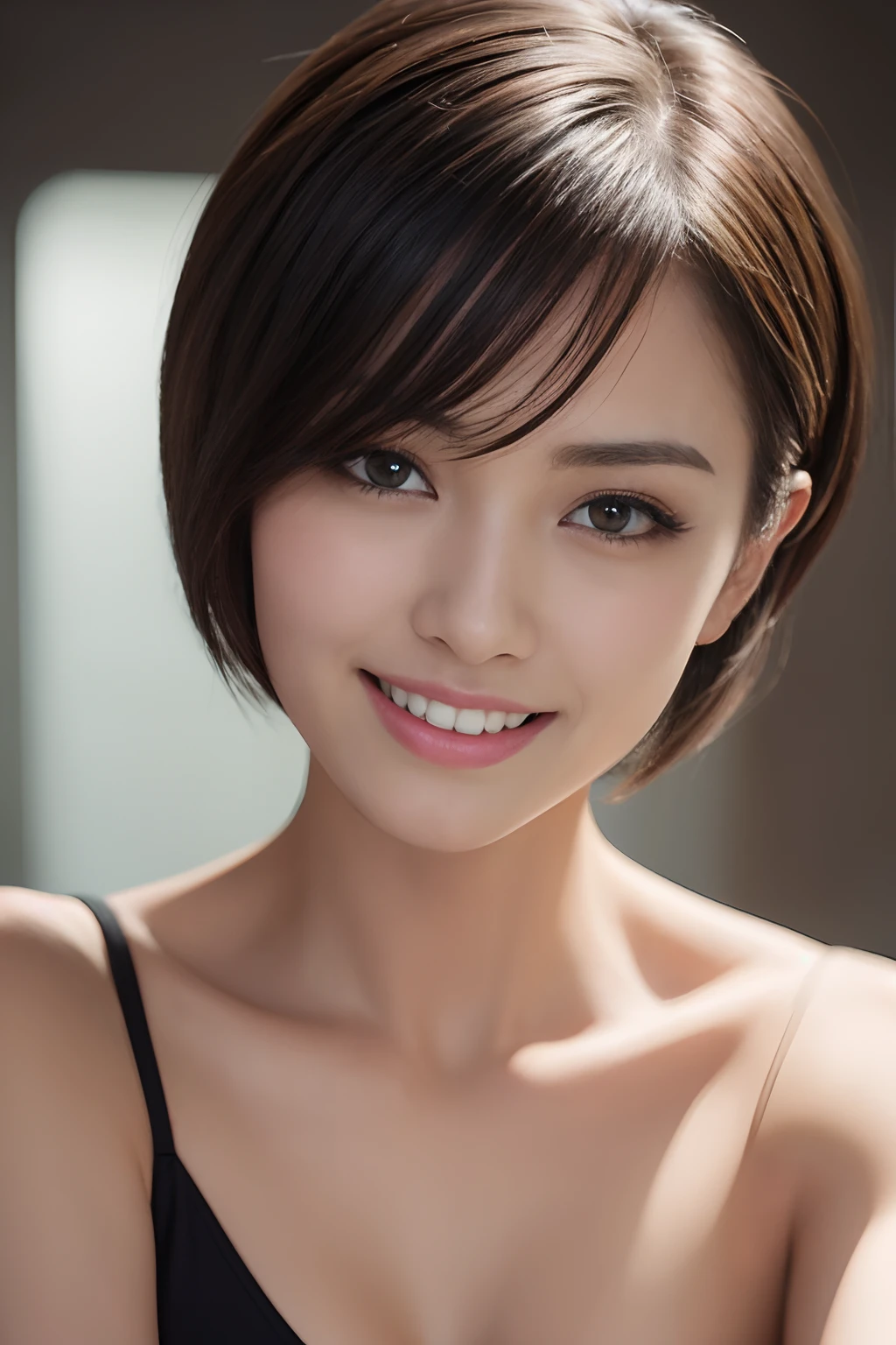 top-quality, 超A high resolution, (Photorealsitic), Beautiful eyes, Super beauty, Bery short hair, beutiful breast, Beauty Soldier, Eyes that invite viewers, Lover's perspective, Inviting look, Sexy smile, Perfect Style, Perfect balance, Detailed skin, Naughty gaze, Chest visible, Show your teeth and smile