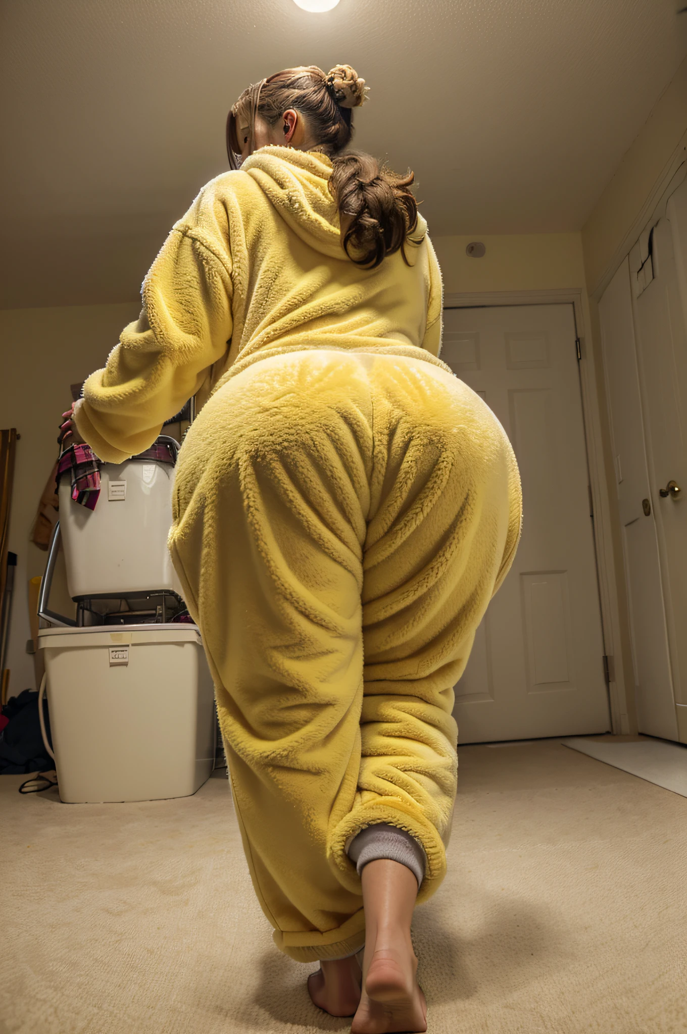 Cammy from street fighter, yellow baggy pants, huge butt, big breasts, cute, 4k, realistic, fleece fluffy pants, full body, lots of fleece, lots of fluffy, fluffy, walking away from camera, fleece pants,yellow fleece pants baggy, realistic, detailed, fluffy pants, lots of fluffy pants, super fluffy pants, fluffy pants, super detailed fluffy pants, big butt, huge butt, fluff, fleece, lots of fleece, cute, lots of fluff, big butt, baggy pants, lots of detail, yellow fleece fluffy onesie, head inside laundry machine, taking out clothes, huge butt