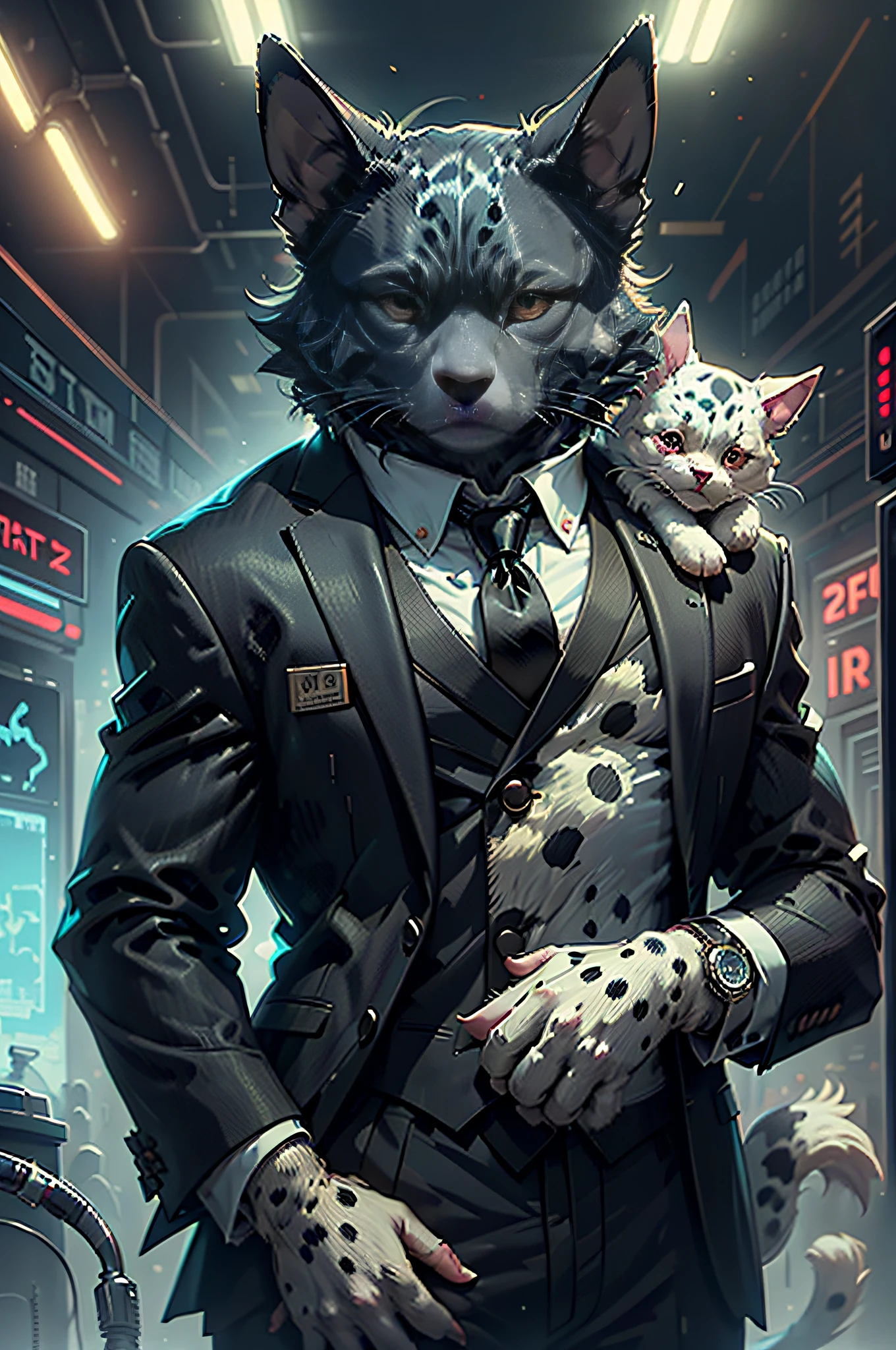(Man in black suit and tie)Cartoons、Anthropomorphic lop-eared Dalmatian dog、cyberpunked