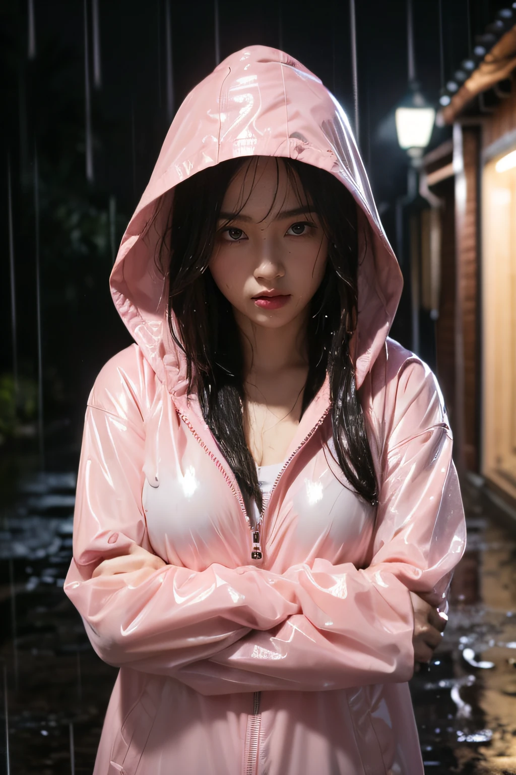 (Masterpiece:1.2, Best quality), (Real picture, Intricate details), (during night, Dark, heavy rain poured:1.4) There was no one in the alley, the surroundings were silent, Only raindrops splashed on the tiled eaves of the low houses, Near and far;, making a slight rustling sound. In the cold rain, (1girll, Wet pink hooded jacket, Sad, Perfect eyes:1.2) are standing,Fold your arms over your chest,8K