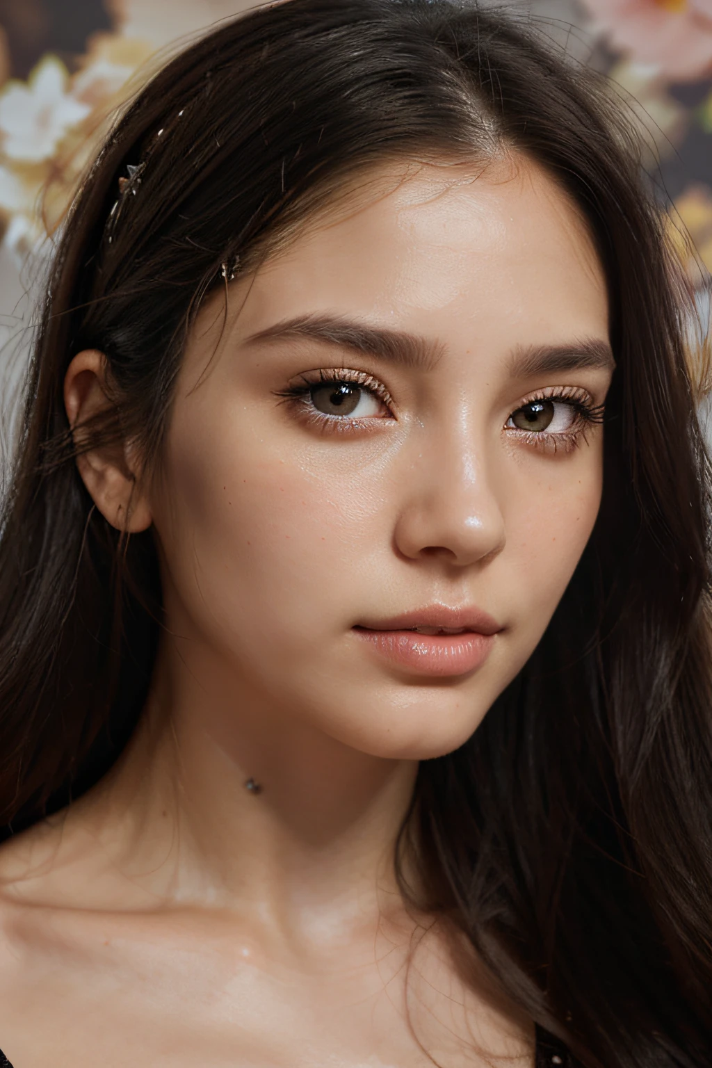 Photorealistic, Lip gloss, Painting, Realistic, Best Quality, Ultra High Resolution, Depth, pastel color, Natural Shading, Focus on Face, only face, Looking at Viewer, Long hair, hairaccessories, Black hair, brown and detailed eyes, Dress、Black theme、facial close-up、facial close-up